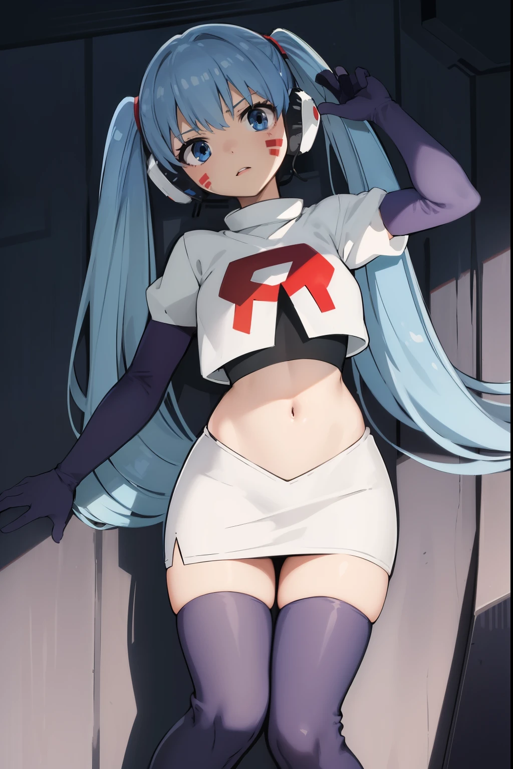 masterpiece, best quality, pov, harmit1, 1girl, solo, blue eyes, blue hair, long hair, twintails, facial mark, headphones, 
team rocket,team rocket uniform, red letter R, white skirt,white crop top,black thigh-highs,black elbow gloves