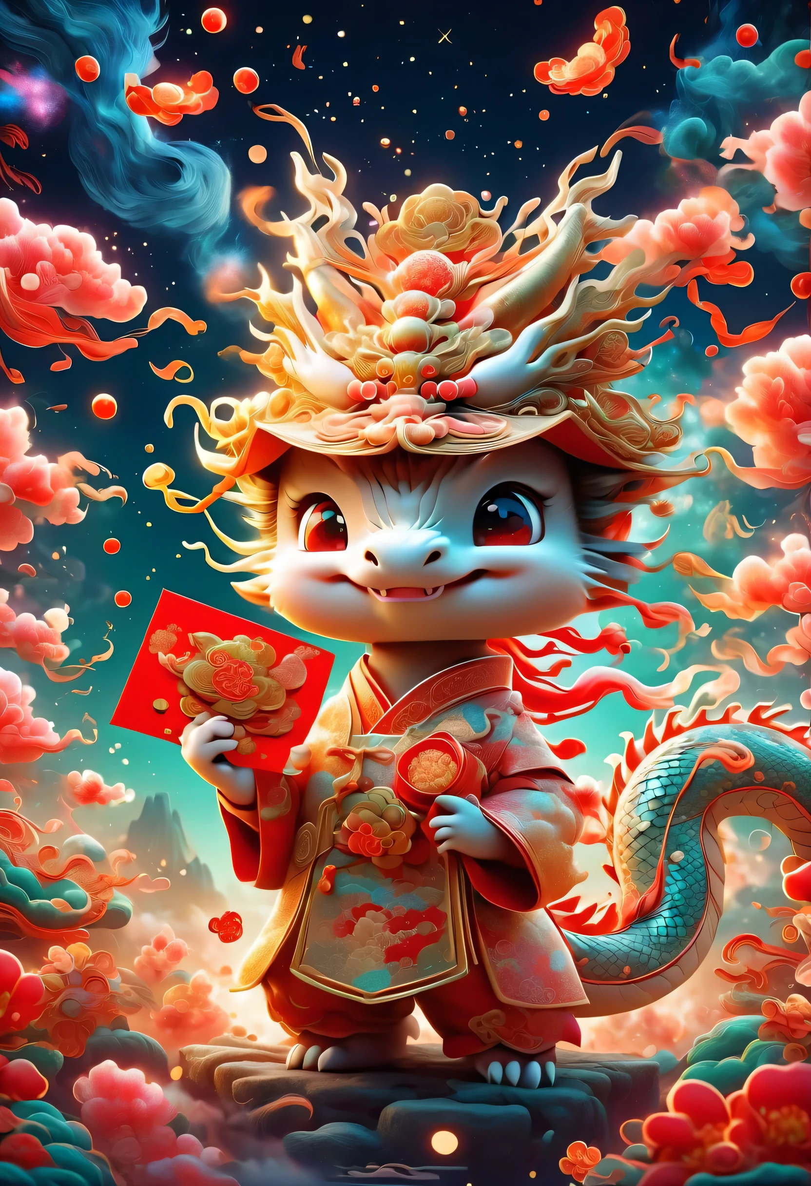 The style of Vincent van Gogh'starry night,Cute style illustration,(1 Chinese dragon),穿着传统的新年clothing'clothing,Wearing Chinese official uniform'A hat on his head,((Cute dragon holding red envelope,bowing)),Festive background with fireworks、firecracker、Featuring Spring Festival couplets and other Chinese New Year elements,(图像应该旋转starry night、Lively and cute style、Whimsical aesthetics blend into one),Use dynamic brushstrokes and rich colors