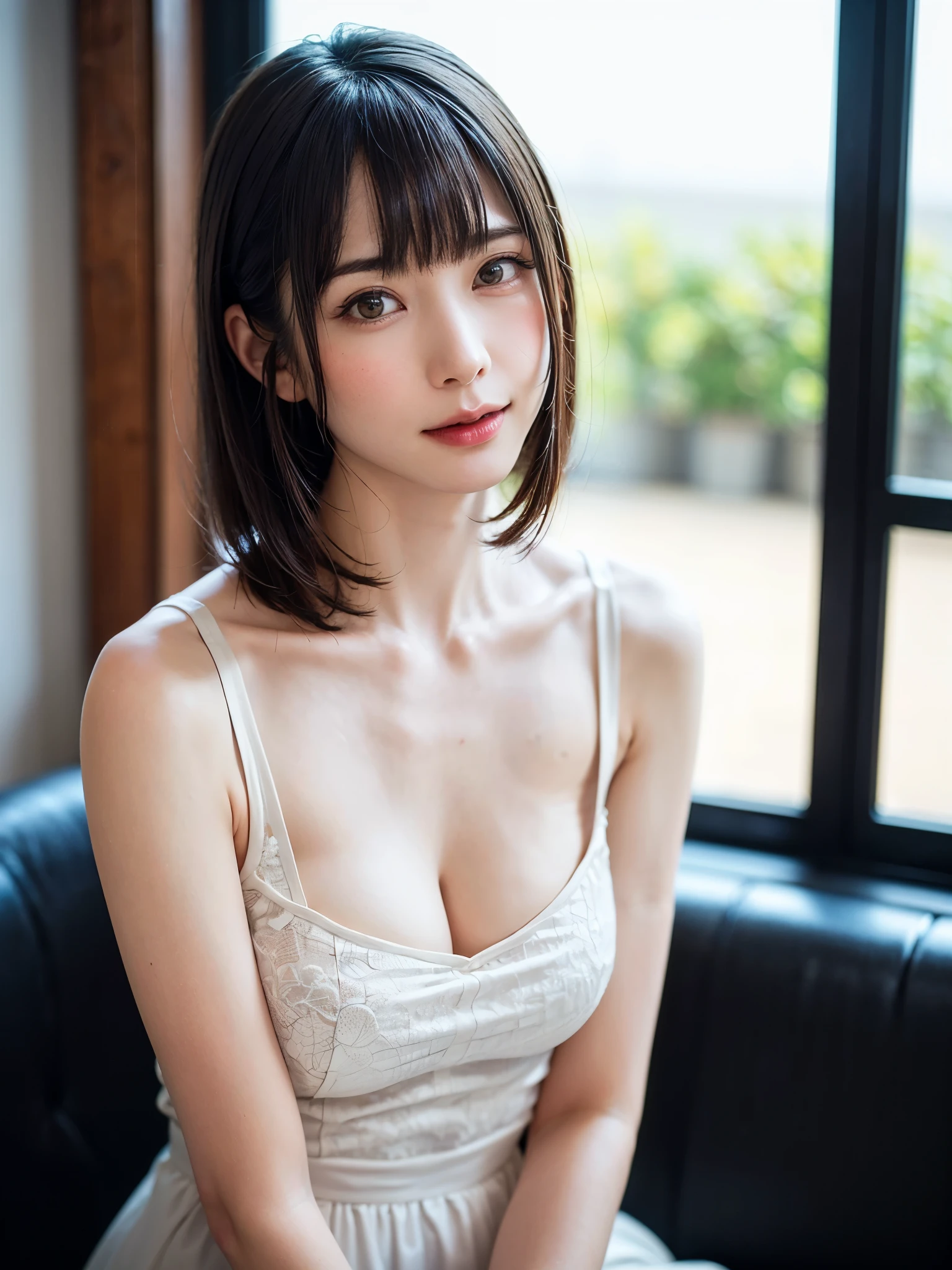 (table top, highest quality、high detail:1.4、very attractive beauty、Adds intense highlights to the eyes、look closely at the camera:1.4、Beautiful woman full of charm、ideal body proportions、perfect anatomy、brunette short bob hair、shiny hair、bangs:1.4、光沢のあるbangs:1.4、lip gloss),1 girl, Report, light brown shiny hair, scarf,realistic, looking at the viewer、Please tilt your head slightly, bright colored crystal light blue eyes, short and shiny hair、 chest中央に穴の開いた白いタートルネックの衣装,chestの真ん中に丸い穴のあるセクシーな白いタートルネック ニット セーター、 lips, lip gloss, Upper body、Big eyes、eyelash、face is a little red、embarrassing)、((italian road in winter))、((short hair with Big eyess、Give students very powerful highlights、{Huge|big|Hugeな|mega} chest:2、very bigger chest:2、look at the audience、very beautiful beauty、please show me your ears、long neck、smile a little、beautiful teeth、open your mouth and smile、heart shaped eyes))、28 years old、very cute super model、bangs:2