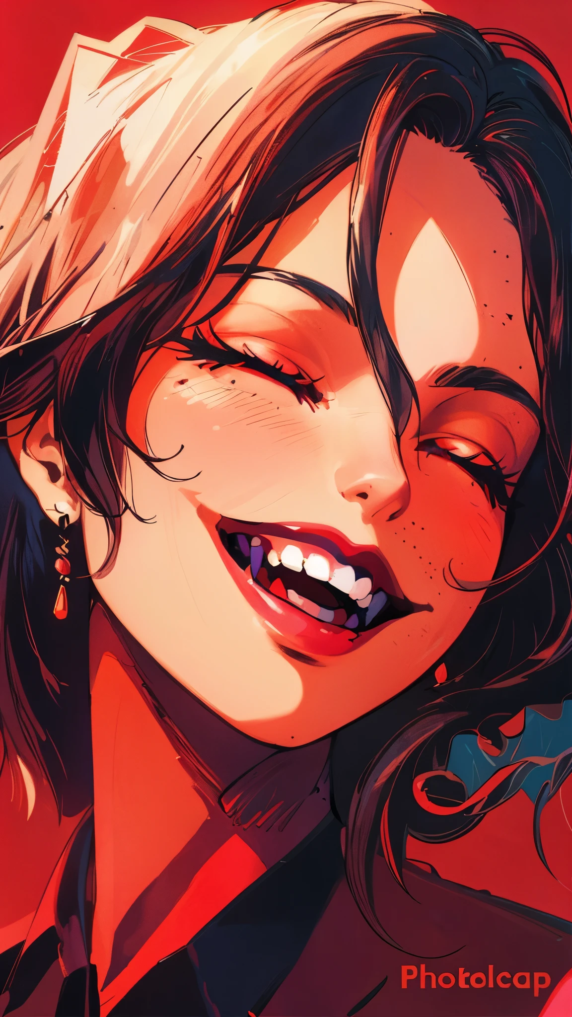 Face Close-up, girl smiling, closed eyes, Head up, Red lipstick, vampire teeth, illustration, Striking strokes, vibrant colors, deep shadows, color contrasts, masterpiece, cinematic angle, dynamic framing, cel-shaded anime style, comic style, cartoon style