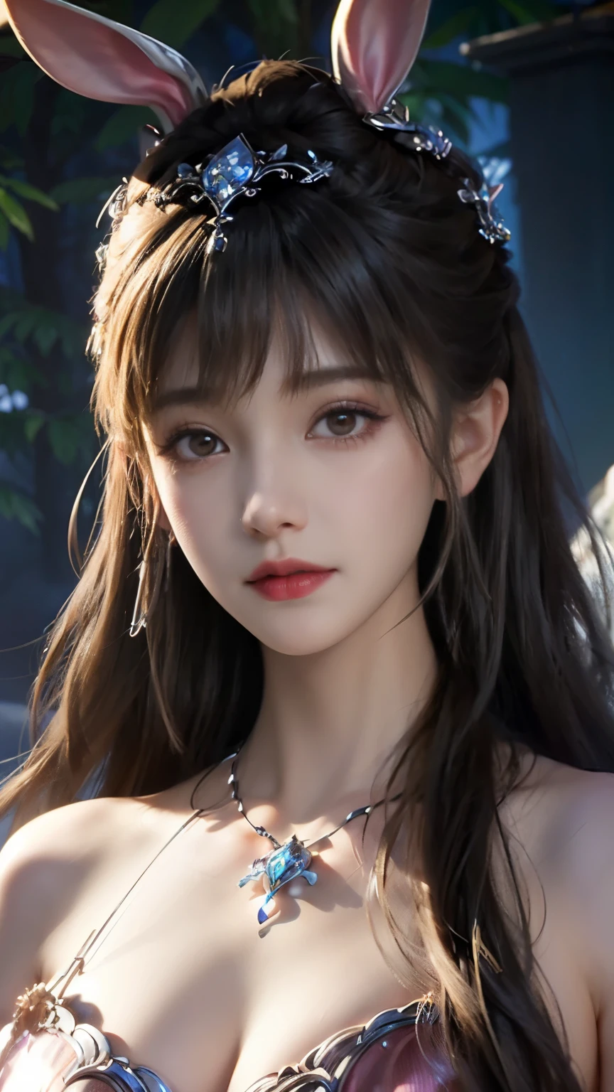 Close-up of a woman with rabbit ears and a sword, Queen of the Sea Mu Yanling, Zodiac Girl Knight Portrait, Lineage 2 style, Smooth anime CG art, Game CG, beautiful fantasy queen, Complex and gorgeous anime CGI style, drank,Smile, Close up view of goddess, anime goddess, dead, Realistic anime girl rendering,huge breasts,Larger breasts,Hollow clothes,transparent clothes,More transparency,amazing breast size,Raised nipples,bareness的乳房,Extensive nudity,More nudity,bareness,Expose more breasts,big ass