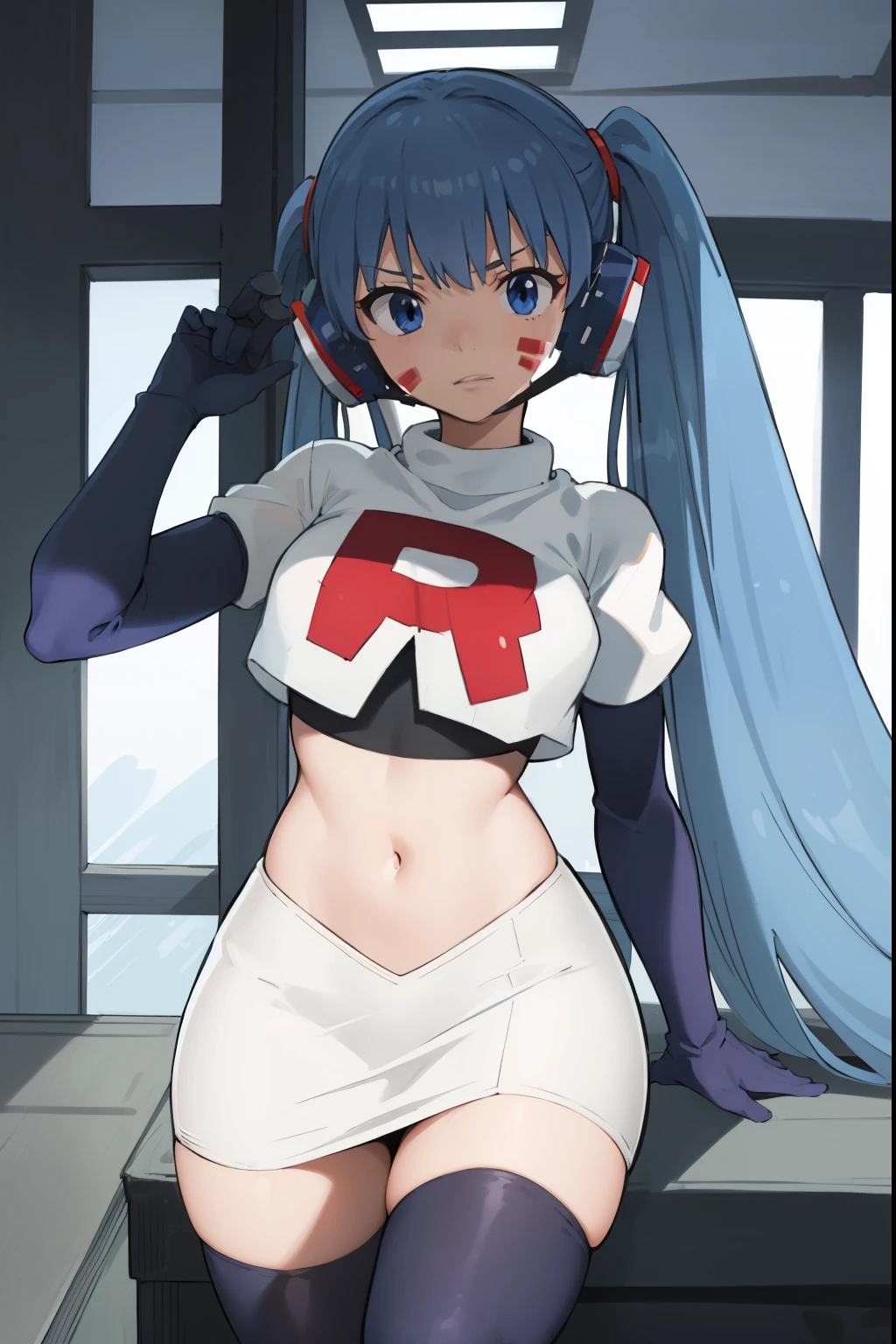 masterpiece, best quality, pov, harmit1, 1girl, solo, blue eyes, blue hair, long hair, twintails, facial mark, headphones, 
team rocket,team rocket uniform, red letter R, white skirt,white crop top,black thigh-highs,black elbow gloves