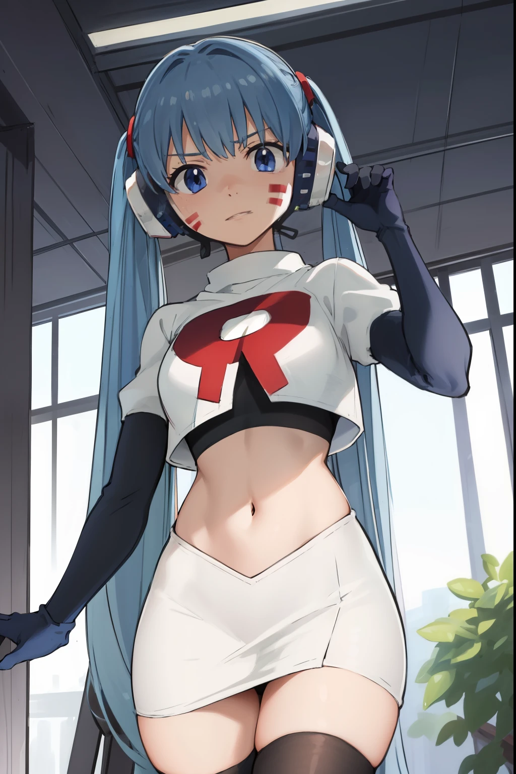 masterpiece, best quality, pov, harmit1, 1girl, solo, blue eyes, blue hair, long hair, twintails, facial mark, headphones, 
team rocket,team rocket uniform, red letter R, white skirt,white crop top,black thigh-highs,black elbow gloves