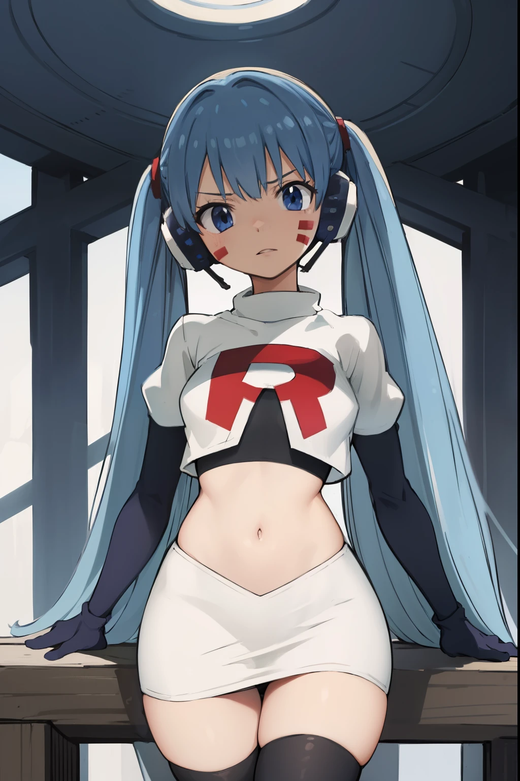 masterpiece, best quality, pov, harmit1, 1girl, solo, blue eyes, blue hair, long hair, twintails, facial mark, headphones, 
team rocket,team rocket uniform, red letter R, white skirt,white crop top,black thigh-highs,black elbow gloves