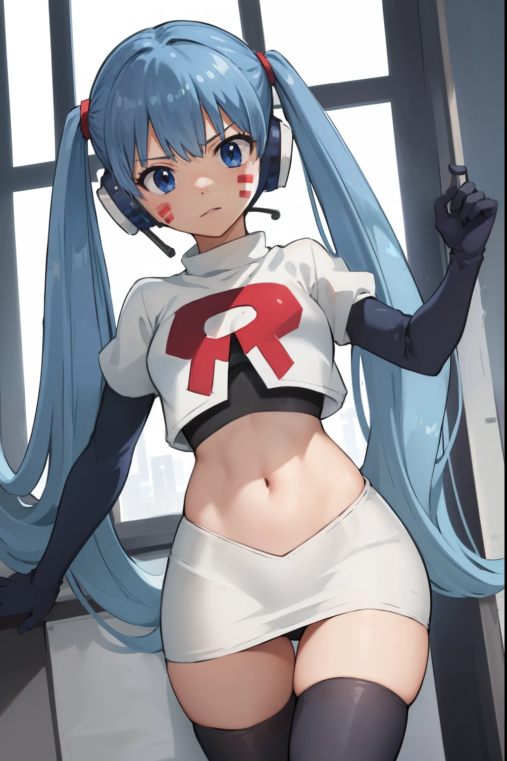 masterpiece, best quality, pov, harmit1, 1girl, solo, blue eyes, blue hair, long hair, twintails, facial mark, headphones,
team rocket,team rocket uniform, red letter R, white skirt,white crop top,black thigh-highs,black elbow gloves