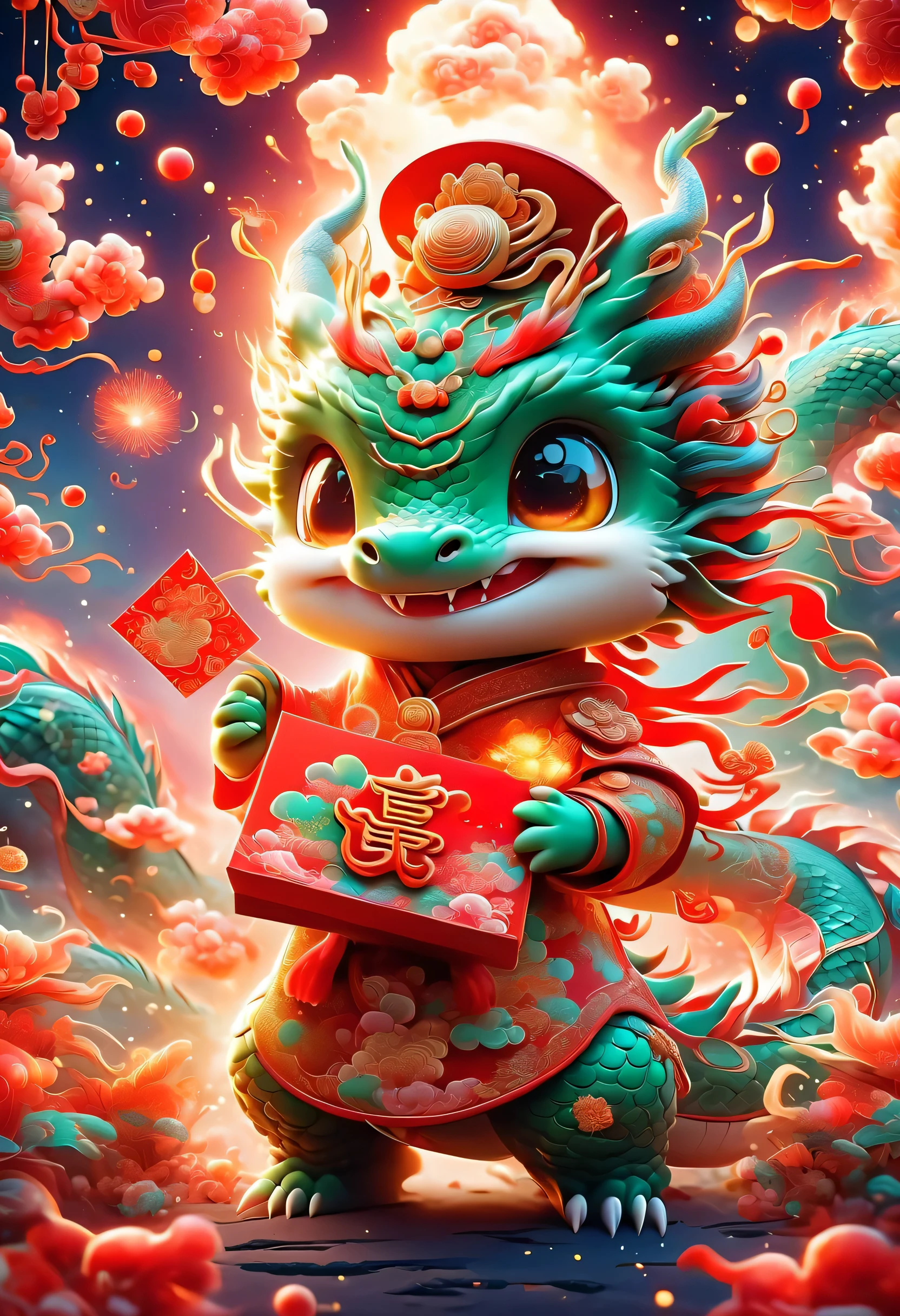 The style of Vincent van Gogh'starry night,Cute style illustration,(1 Chinese dragon),穿着传统的新年clothing'clothing,Wearing Chinese official uniform'A hat on his head,((Cute dragon holding red envelope,bowing)),Festive background with fireworks、firecracker、Featuring Spring Festival couplets and other Chinese New Year elements,(图像应该旋转starry night、Lively and cute style、Whimsical aesthetics blend into one),Use dynamic brushstrokes and rich colors