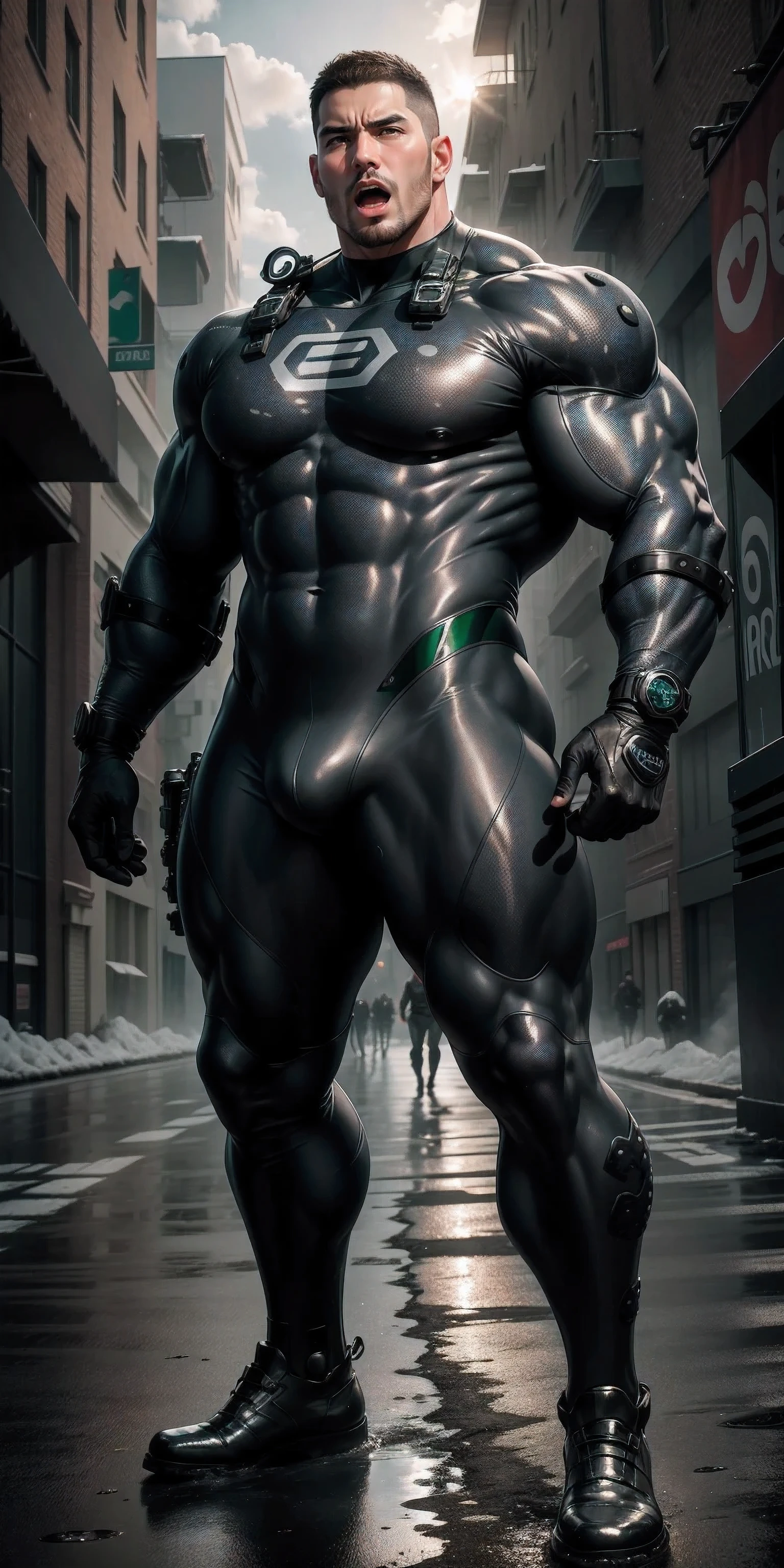 A High, huge, Muscular man opens his mouth and screams.,Light gray camouflage uniform,character idea(Resident Evil - chris redfield,chris redfield)Wearing a light gray camouflage wetsuit,Tangled tightly by thick octopus tentacles,regular symmetrical texture pattern,Standing on the street with octopus tentacles, Lots of slime octopus and sludge,sad expression,Deep and charming eyes,Emerald Pupil Hero,heroic male pose,高大burly,muscular!Charming leg muscles,High, burly, Heqiang, Wearing a light gray camouflage wetsuit, Super gain and cool, high resolution committee, Big feet in black boots,Charming strong man,The bright sunshine is shining on you,matte particles,shiny texture