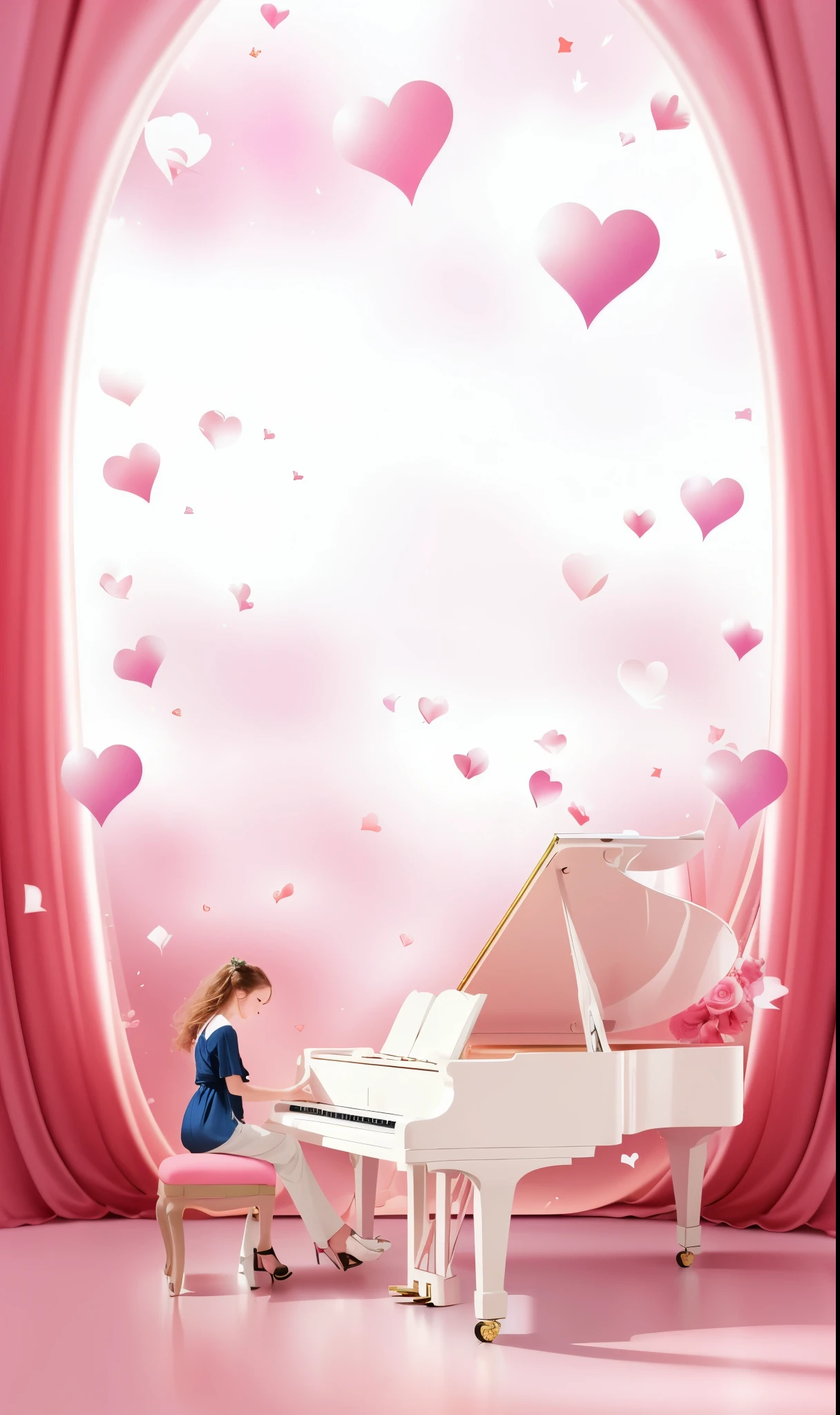 In the pink room，There was a woman sitting at the piano, concept art, theme, romantic atmosphere, Falling hearts, Unreal Engine ; 浪漫theme, Dreamy and romantic, dreamy atmosphere, heaven pink, iWallpaper phone, pianist, charming, Wallpaper phone, beast, 浪漫themed, OC rendering，romantic style, dreamy feel, Wallpaper phone