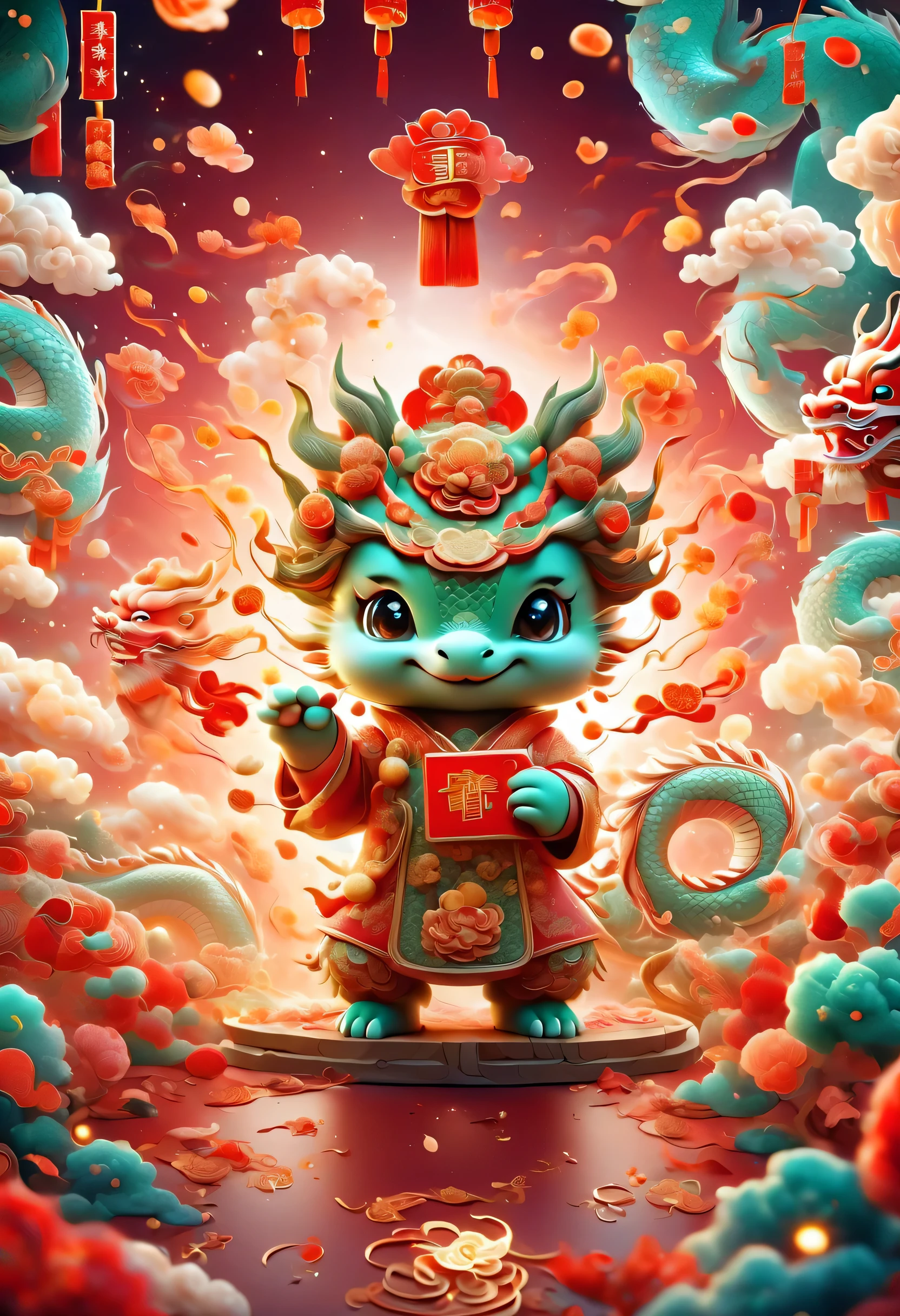 The style of Vincent van Gogh'starry night,Cute style illustration,(1 Chinese dragon cub),穿着传统的新年clothing'clothing,Wearing Chinese official uniform'A hat on his head,Cute dragon holding red envelope,bowing,Festive background with fireworks、firecracker、Featuring Spring Festival couplets and other Chinese New Year elements,(图像应该旋转starry night、Lively and cute style、Whimsical aesthetics blend into one),Use dynamic brushstrokes and rich colors