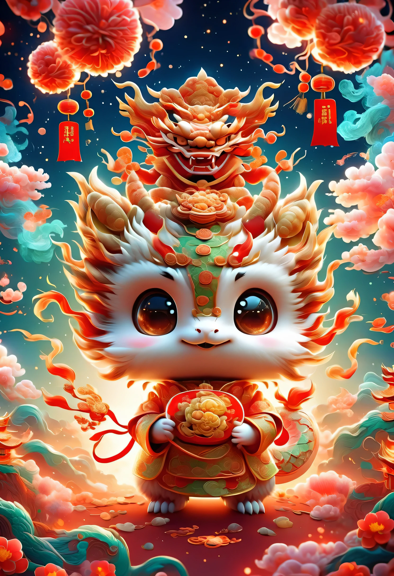 The style of Vincent van Gogh'starry night,Cute style illustration,(1 Chinese dragon cub),穿着传统的新年clothing'clothing,Wearing Chinese official uniform'A hat on his head,Cute dragon holding red envelope,bowing,Festive background with fireworks、firecracker、Featuring Spring Festival couplets and other Chinese New Year elements,(图像应该旋转starry night、Lively and cute style、Whimsical aesthetics blend into one),Use dynamic brushstrokes and rich colors