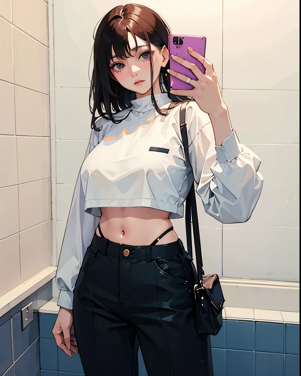 there is a woman taking a selfie in a bathroom, korean girl, 24 year old female model, ulzzang taken in the early 2020s, kawaii, 19-year-old girl, asian girl, anime thai girl, gorgeous young korean woman, large breasts, pants, bikini