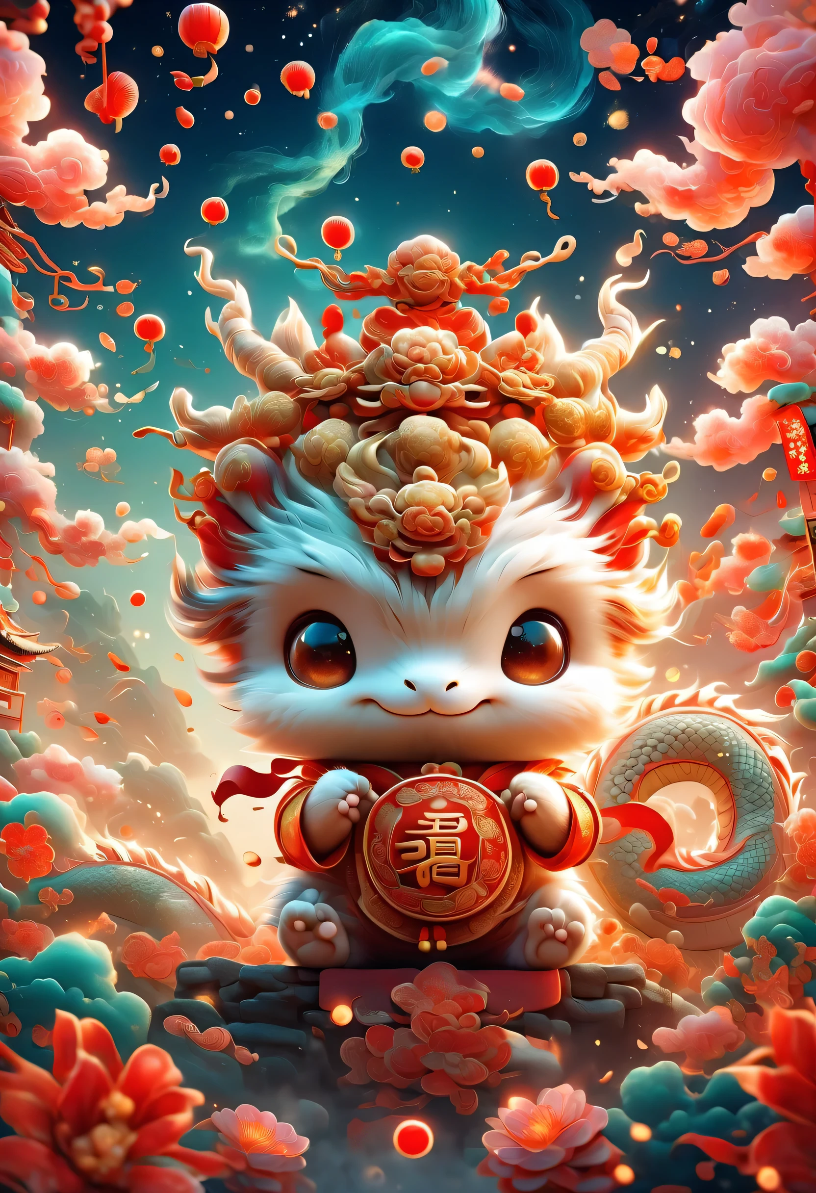 The style of Vincent van Gogh'starry night,Cute style illustration,(1 Chinese dragon cub),穿着传统的新年clothing'clothing,Wearing Chinese official uniform'A hat on his head,Cute dragon holding red envelope,bowing,Festive background with fireworks、firecracker、Featuring Spring Festival couplets and other Chinese New Year elements,(图像应该旋转starry night、Lively and cute style、Whimsical aesthetics blend into one),Use dynamic brushstrokes and rich colors