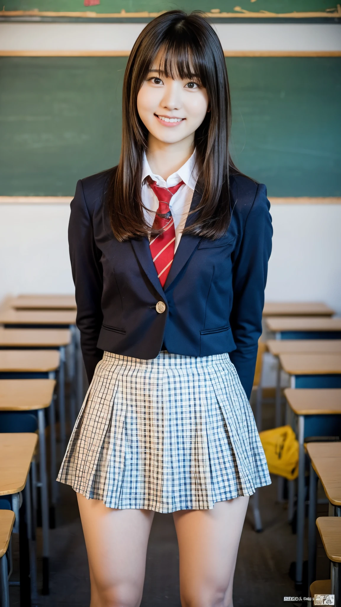 Stand in the classroom of school２girl girl,Red Tie Uniform,Dark Blue Closed Blazer,blue plaid miniskirt,18-year-old,bangs,a little smile,thighs,knees,from below，random pose，pretty girl，slender girl，