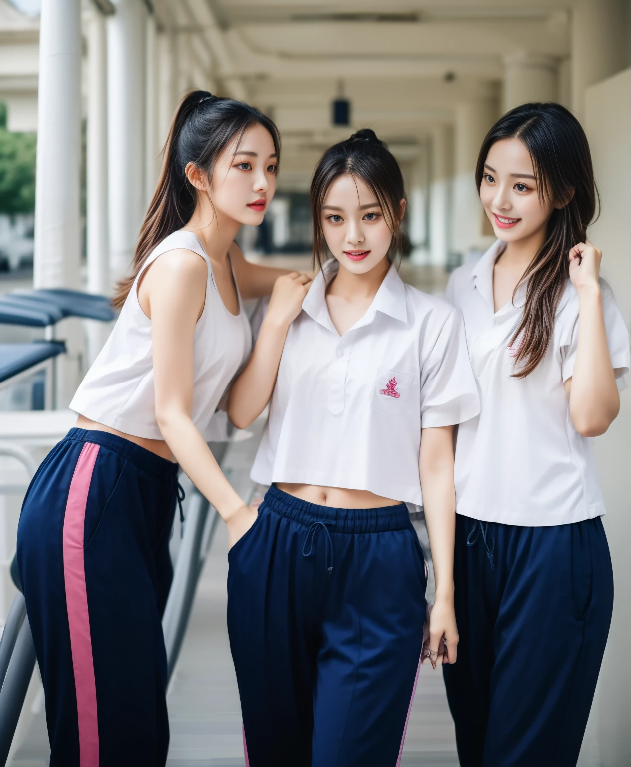 3 girls in fitness center, Navy blue short-sleeved shirt,Navy Long Trackpant,Sweatpants, Sweatpantsขายาว,25 year old girl, lesbian, sexy, exercise clothes, wet body, exercise clothes