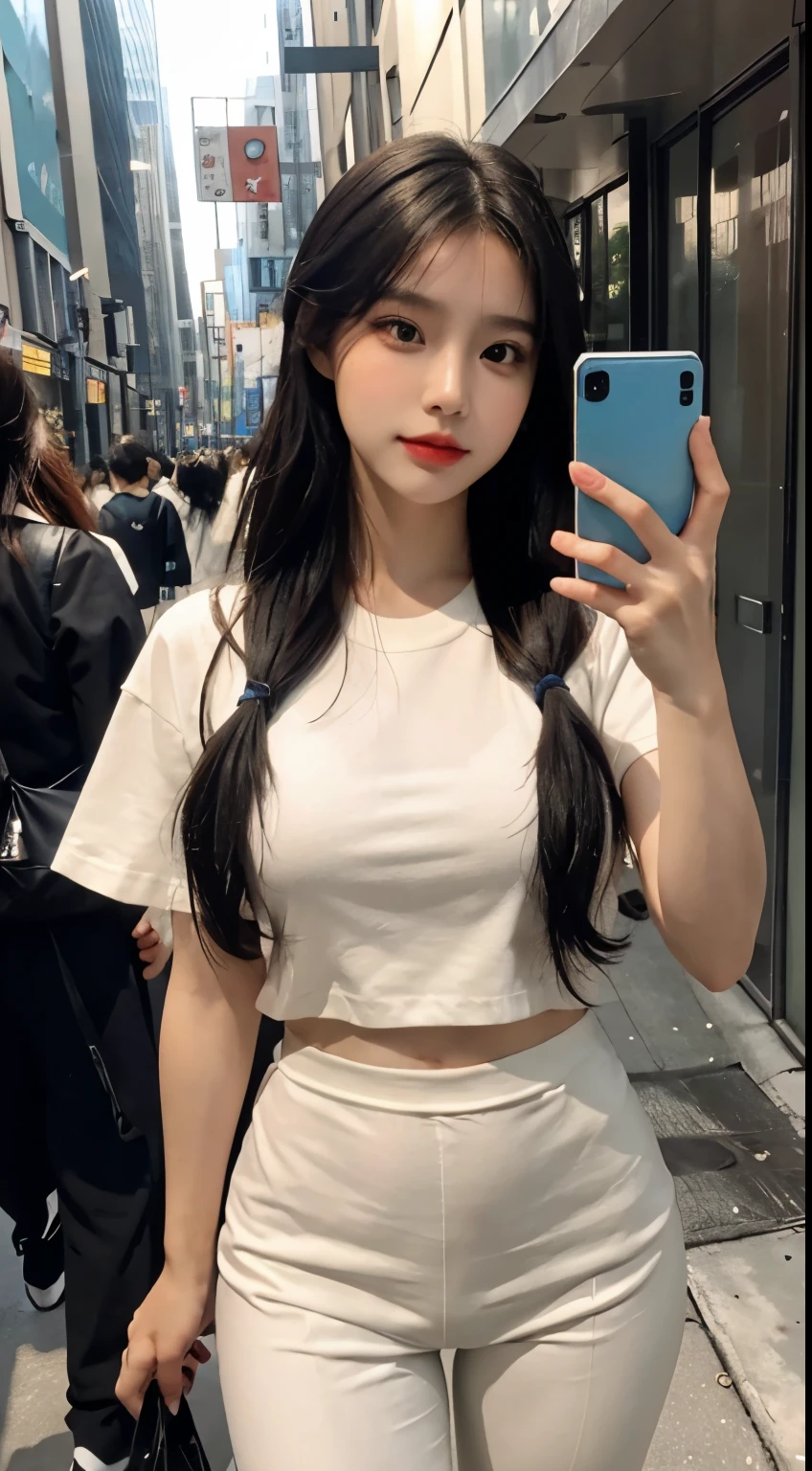 (masterpiece), best quality, 8K resolution, real person, real person, Beautiful girl in a white tight T-shirt and black yoga pants, beauty mole under the corner of her left eye, perfect figure. her face is drawn in great detail, her black hair is tied into a double ponytail、There are many slanted bangs on the forehead. her makeup is delicate, her red lips are greasy, her eyelashes are thick, And her bright big eyes show her charm. The whole image seems to be inspired by movie lighting, Display images of cute girls. 細部にまでこだわったmasterpieceです, Colorful images and just the right amount of light and shadow detail. This very delicate beautiful girl、take a selfie with your mobile phone, On the streets of China. she has soft and fair skin, And her delicate facial features make up a perfect face and beautiful appearance. The paintings are detailed with realistic details, as if I could feel her presence.
The work is very realistic、shows the beauty of details, これは見事なmasterpieceです.