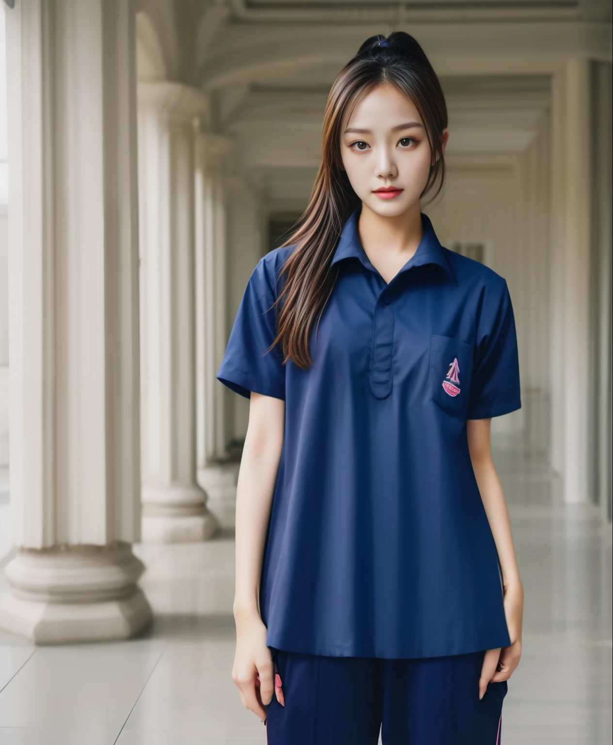 Beautiful girl in fitness center, Navy blue short-sleeved shirt,Navy Long Trackpant,Sweatpants, Sweatpantsขายาว,25 year old girl, lesbian, sexy, exercise clothes, wet body, exercise clothes