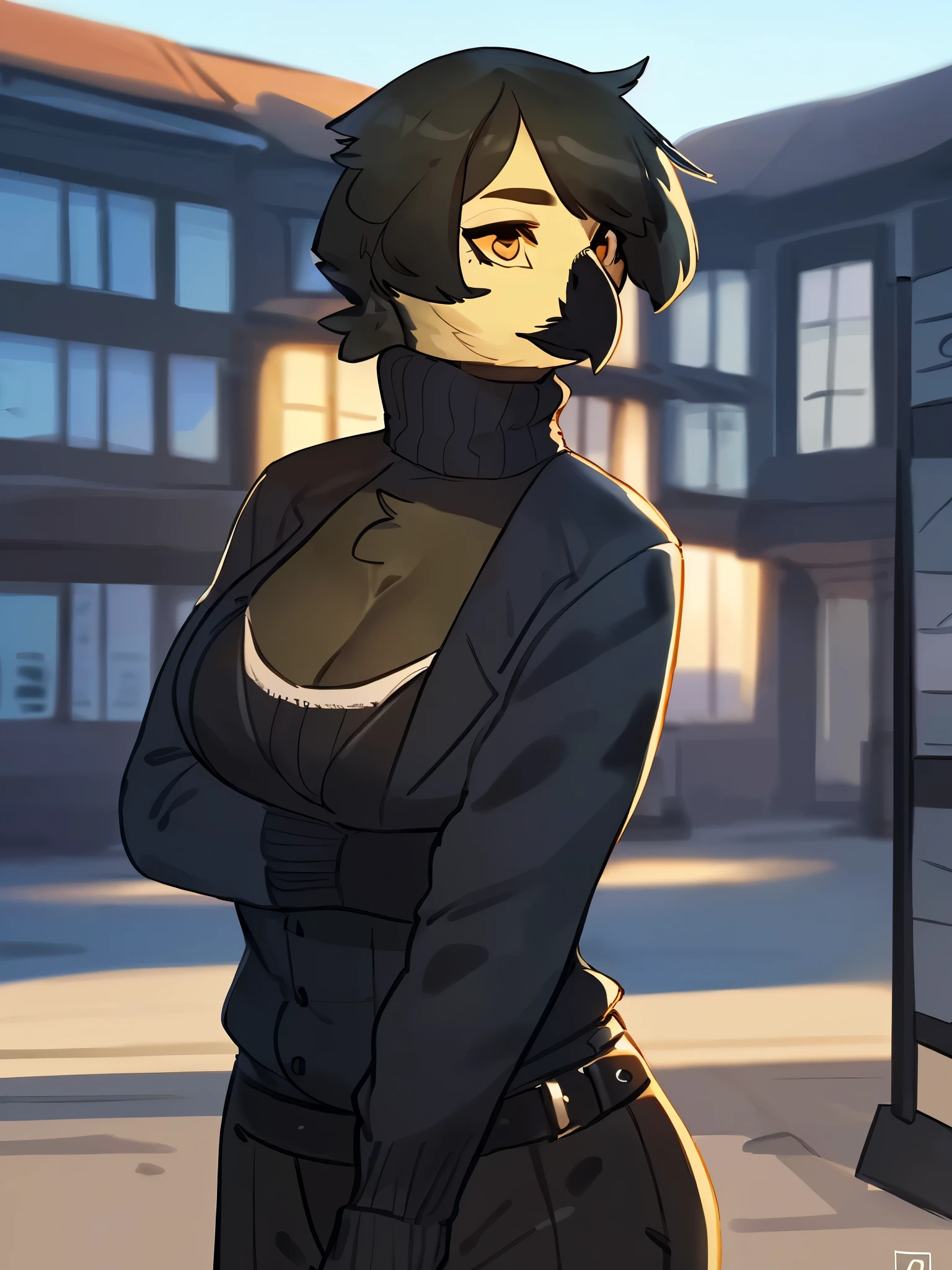 (((Great tit))), by bebebebebe, by lostgoose, by goonie-san, solo, female, standing, ((snout, hair, hair, avian, bird)), detailed eyes, german city, ((designer clothes, armani, cleavage)), turtleneck