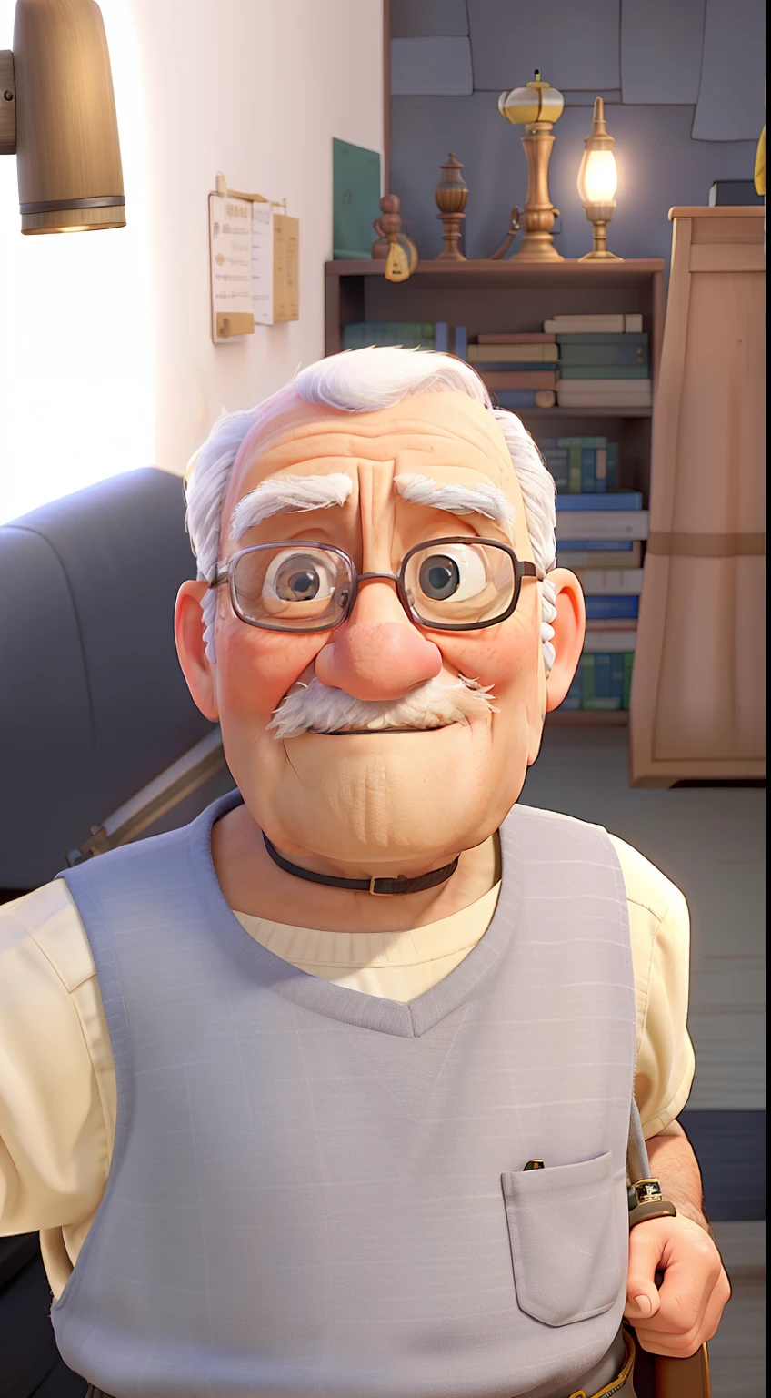 A wise old man standing in front, illuminated by the light of a lamp, tendo como pano de fundo uma biblioteca