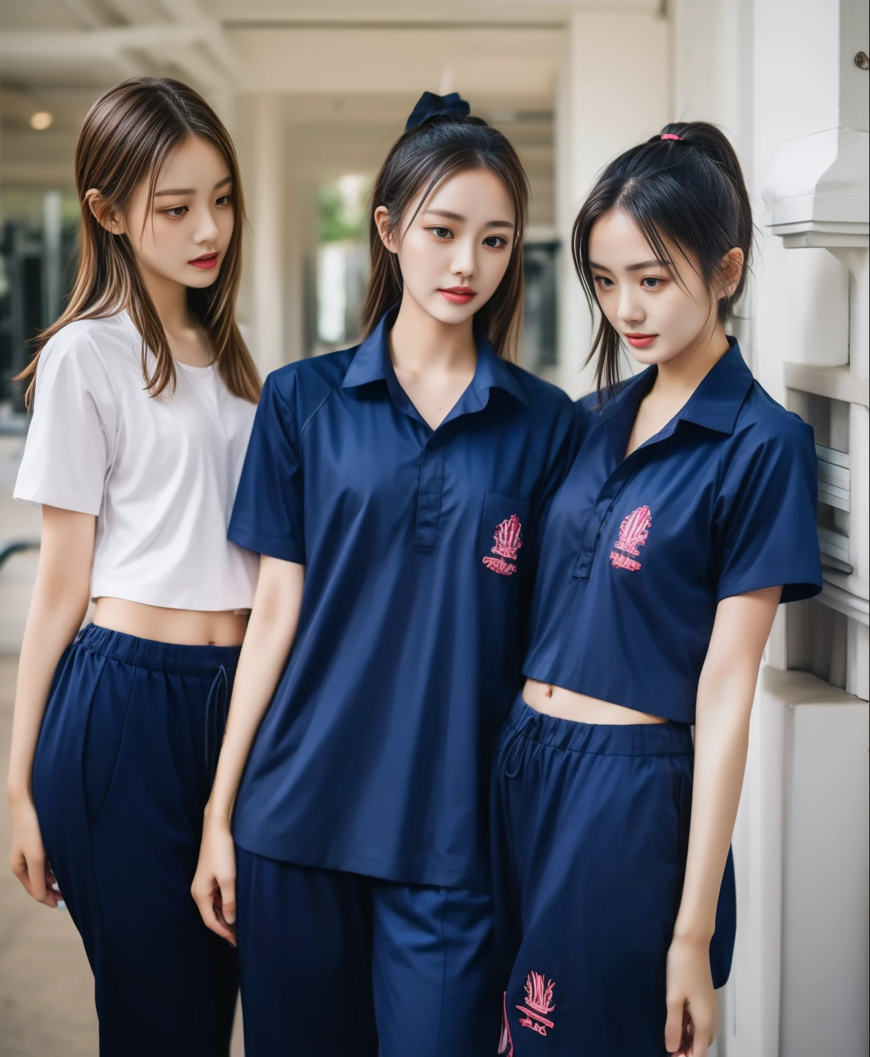 3 girls in fitness center, Navy blue short-sleeved shirt,Navy Long Trackpant,Sweatpants, Sweatpantsขายาว,25 year old girl, lesbian, sexy, exercise clothes, wet body, exercise clothes