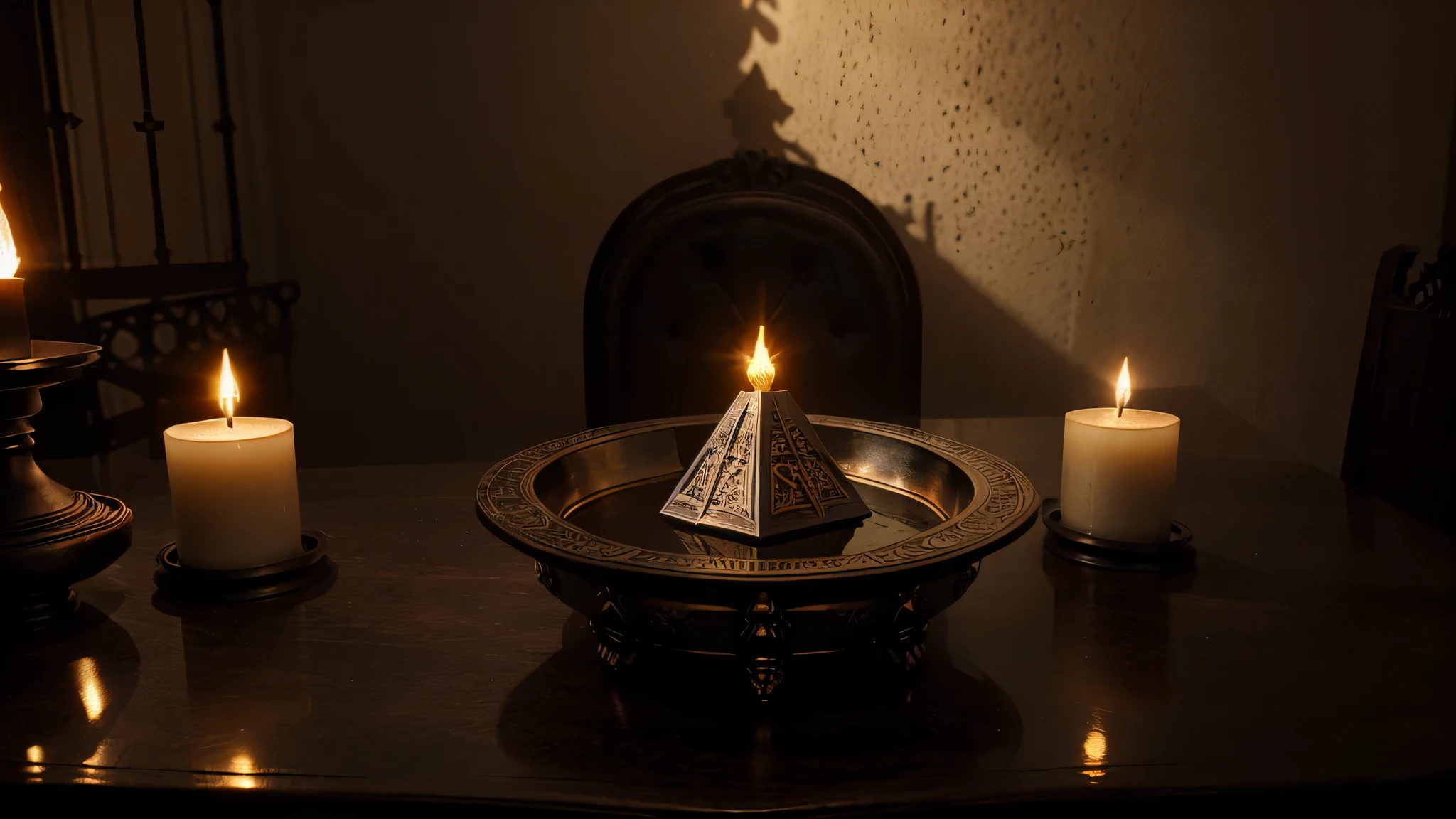 (high quality,realistic image:1.2),flaming rod,sword,pentagram,goblet,stone table,metallic,shiny,engraved,fiery,burning flames,detailed,ornate,ancient symbols,cast shadows,sparkling,reflection,glowing embers,darkened room,illuminated,ambient lighting,exquisite craftsmanship,sharp edges,authentic textures,summoning ritual,occult objects,ritualistic atmosphere,mystical aura,ominous vibes,contrast of light and darkness,rich colors,whispering shadows
