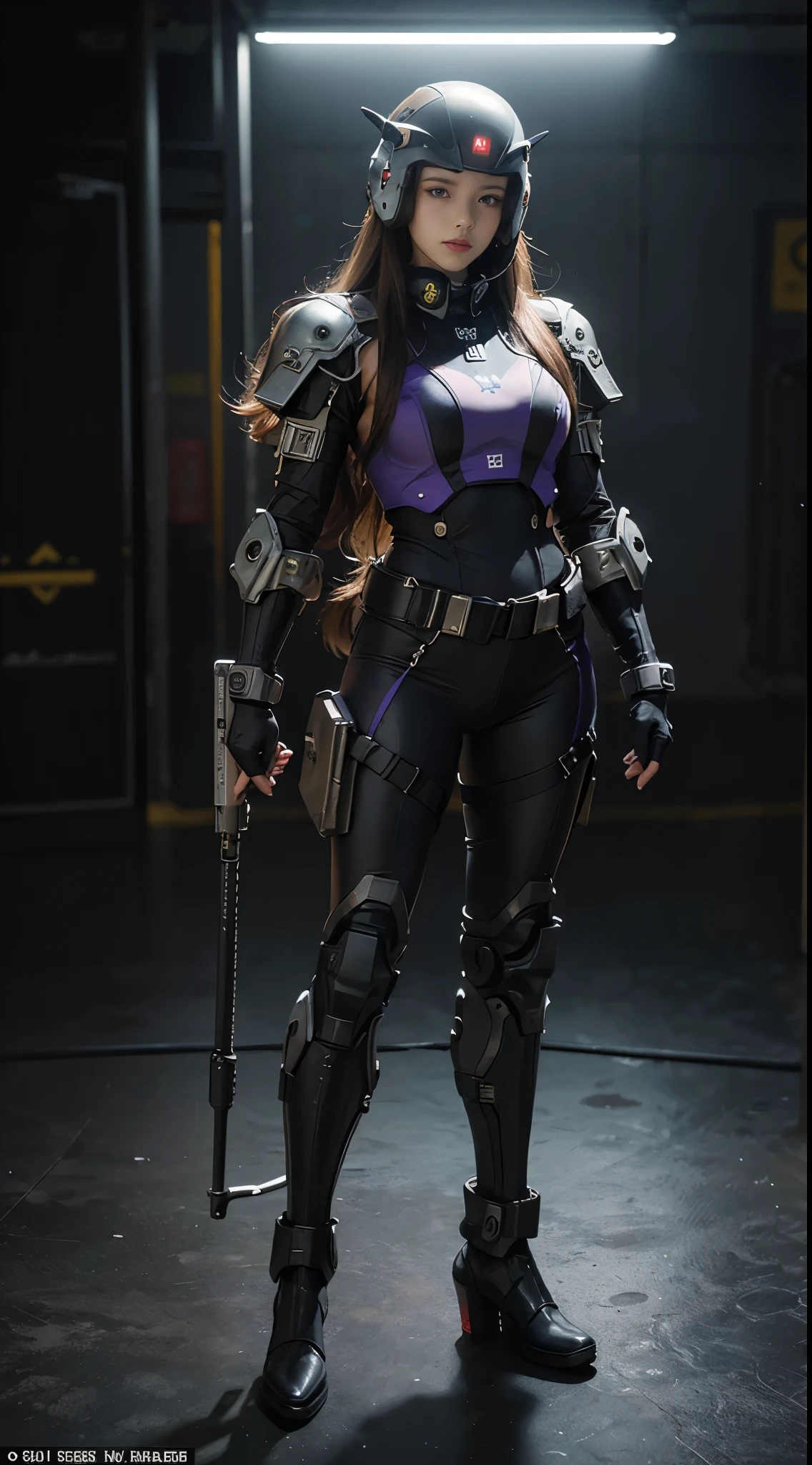 (Highest image quality, outstanding details, ultra-high resolution), 1 girl very very long hair brown or black, (wearing futuristic military outfit), (glamour body:1.2, buffed and muscular body), (a bit chubby:0.5), (futuristic military outfit inspired by WWE wrestle mania, military harness, military gears such as pouches), background military base, mild smile, dynamic pose, dramatic lighting, full body, very very long hair brown or black
photo fullbody, Highest image quality, outstanding detail, ultra-high resolution, (fidelity: 1.4), best illustration, favor details, highly condensed 1girl very long hair brown very silky, with a delicate and beautiful face, dressed in black and purple mecha, wearing a mecha helmet future, holding a direction controller, riding on a drone , the background is a high-tech lighting scene of the future city.