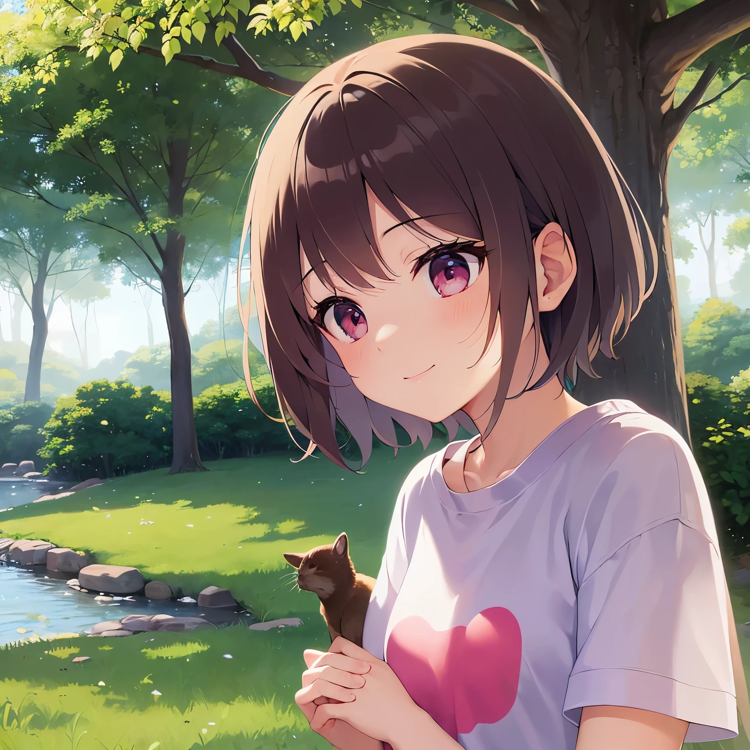 side angle, (looking away:1.5), masterpiece、high quality、Short hair with bright chestnut bangs、5-year-old girl、(:1.3), medium hair, pink eyes, (Alone:1.5)、Wearing a pink T-shirt、hands up、The upper body of the subject is shown、(A shy and smiling expression:1.1)、bold composition、The background is a park