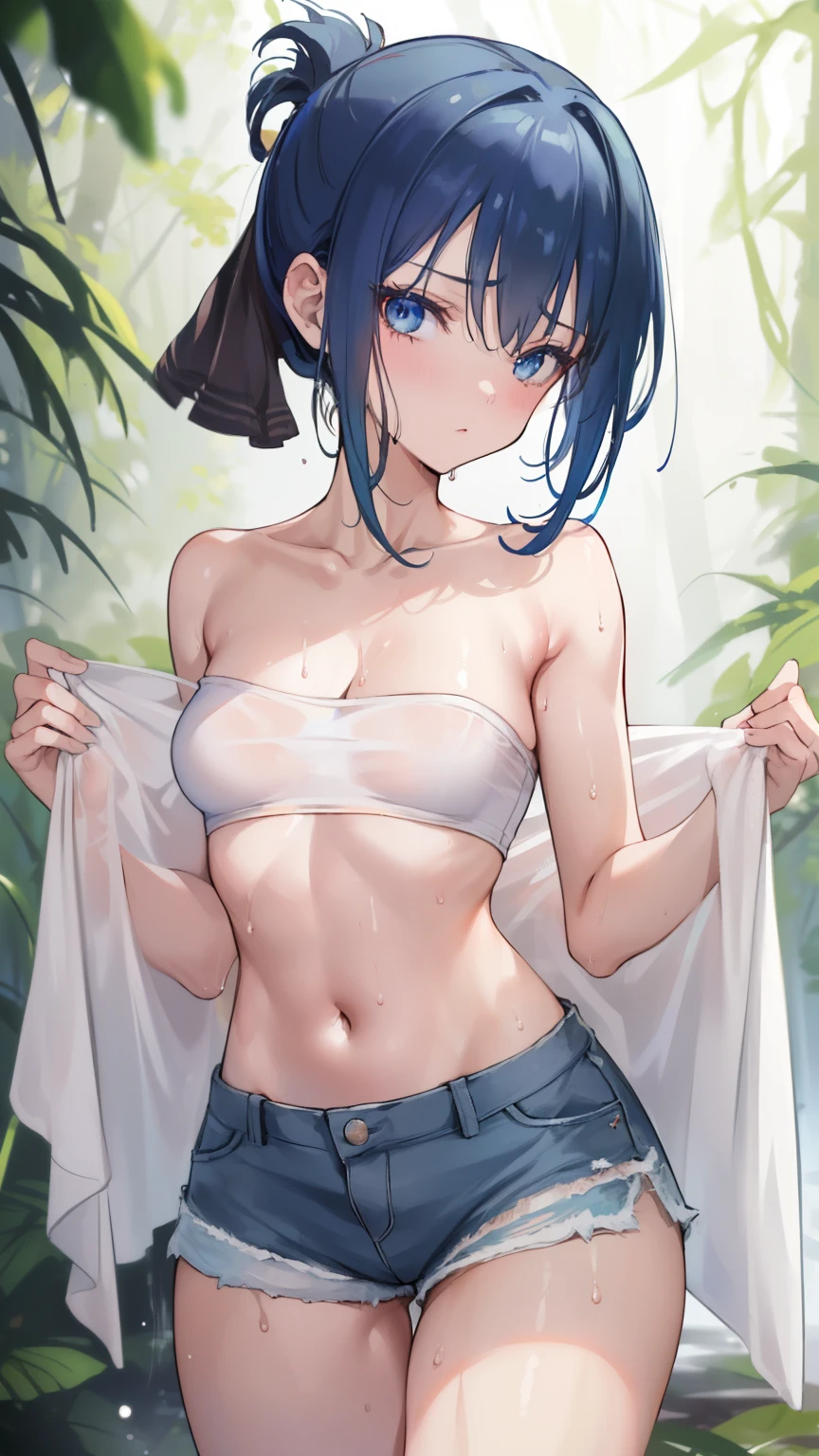 (masterpiece), ((highest quality)), (Super detailed), (perfect body), (((1 girl)), dark blue hair, short hair,ponytail, dark blue eyes, (((Elegant b hroom)), Naked bでh towel, Medium chest, W de er drople, bare shoulders, clavicle, thighs, blush, Wet: 1.1, perfect hands,Rich details, perfect image quality,toned body,Tube top,shorts,,hunter,,forest,Wet with sweat