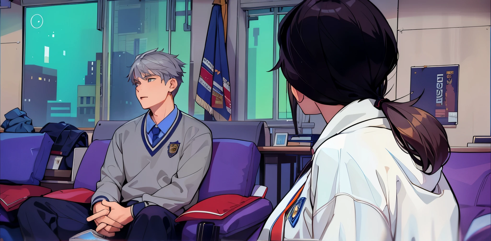 There is a 16-year-old silver-haired boy sitting on a sofa in the high school administration.. In the other room there is a 40 year old woman., ella es la directora.