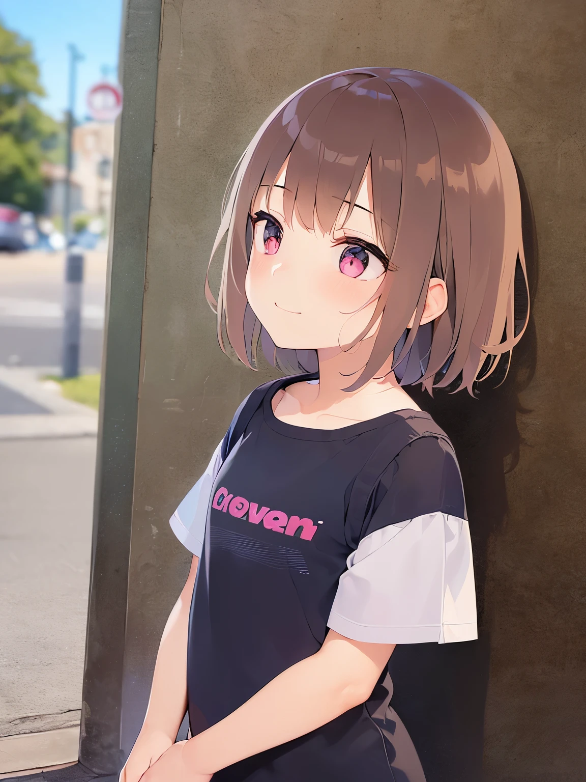 side angle, (looking away:1.5), masterpiece、high quality、Short hair with bright chestnut bangs、5--old l、(:1.3), medium hair, pink eyes, (Alone:1.5)、Wearing a pink T-shirt、hands up、The upper body of the subject is shown、(A shy and smiling expression:1.1)、bold composition、The background is a park