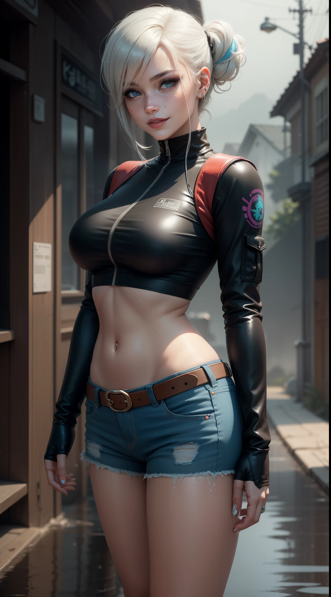 android 18,yorha 2b,samus aran,jill valentine, overwatch,atelier ryza,close up,yakuza mansion,dragon tattoos,white and gold plugsuit,long sleeve sport top,short denim vest,tight denim skirt,full pantyhose under the skirt,short hair,punk makeup,blue eyes, multicolored silver hair,punk gloves,sexy smile,freckles,beautiful girl,cowboy boots,large breasts,8k,ultra detailed,realistic,fantasy art,hair pin,wet body,ear piercings,(weather:rainy),1girl,neck and hand jewelry,