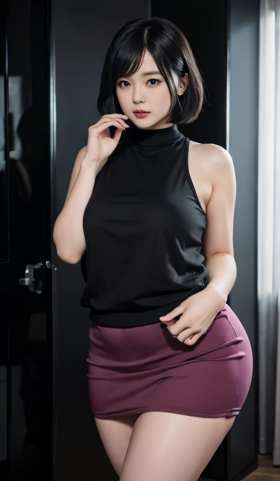 A beautiful beauty, long black hair, big eyes, round face, dress, tight purple skirt, sneakers , slightly fat, plump and sexy, delicate facial features, on the black room, black room, dark room, HD, high quality, the best picture quality, chubby body, bob haircut