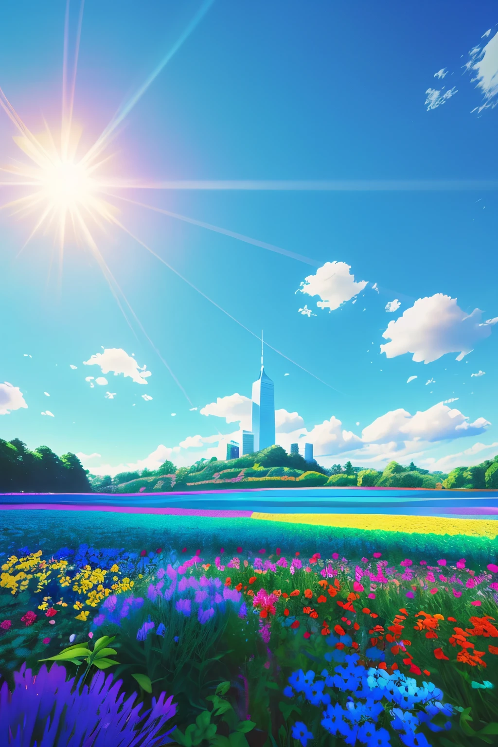 vibrant blue tinted colors, skyscraper, highly saturated colors, Fujifilm Fujichrome Provia 100F film, flower field, purity and dreamy symbolism, (muted colors:1.2), (photon mapping), octane render + hyper realistic, storage, (8k), hdr, sunny, 
