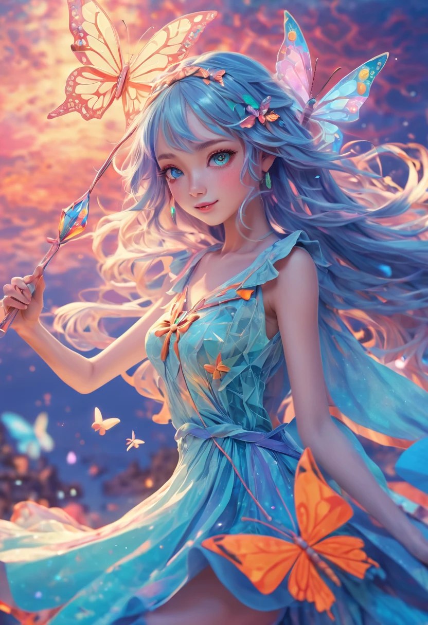 Masterpiece, {beautiody},独奏,1 girl, Pink Dress, fantastic hair, neon background white wings, cloudy background, lake blue hair