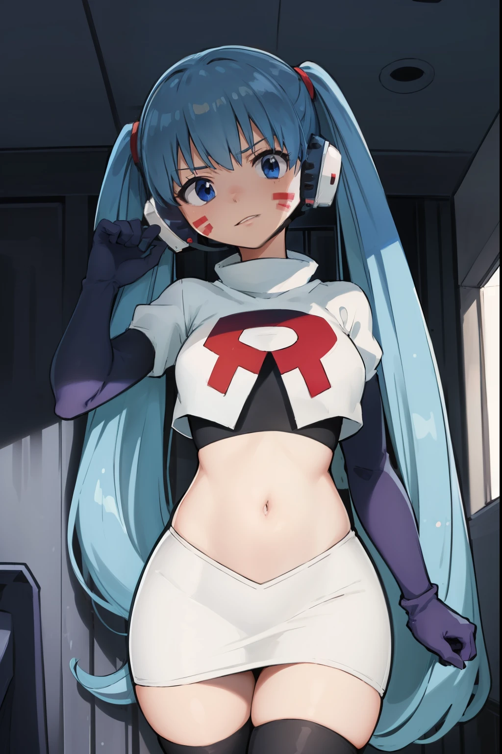 masterpiece, best quality, pov, harmit1, 1girl, solo, blue eyes, blue hair, long hair, twintails, facial mark, headphones, 
team rocket,team rocket uniform, red letter R, white skirt,white crop top,black thigh-highs,black elbow gloves