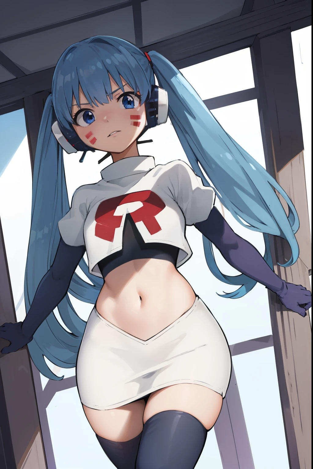 masterpiece, best quality, pov, harmit1, 1girl, solo, blue eyes, blue hair, long hair, twintails, facial mark, headphones, 
team rocket,team rocket uniform, red letter R, white skirt,white crop top,black thigh-highs,black elbow gloves