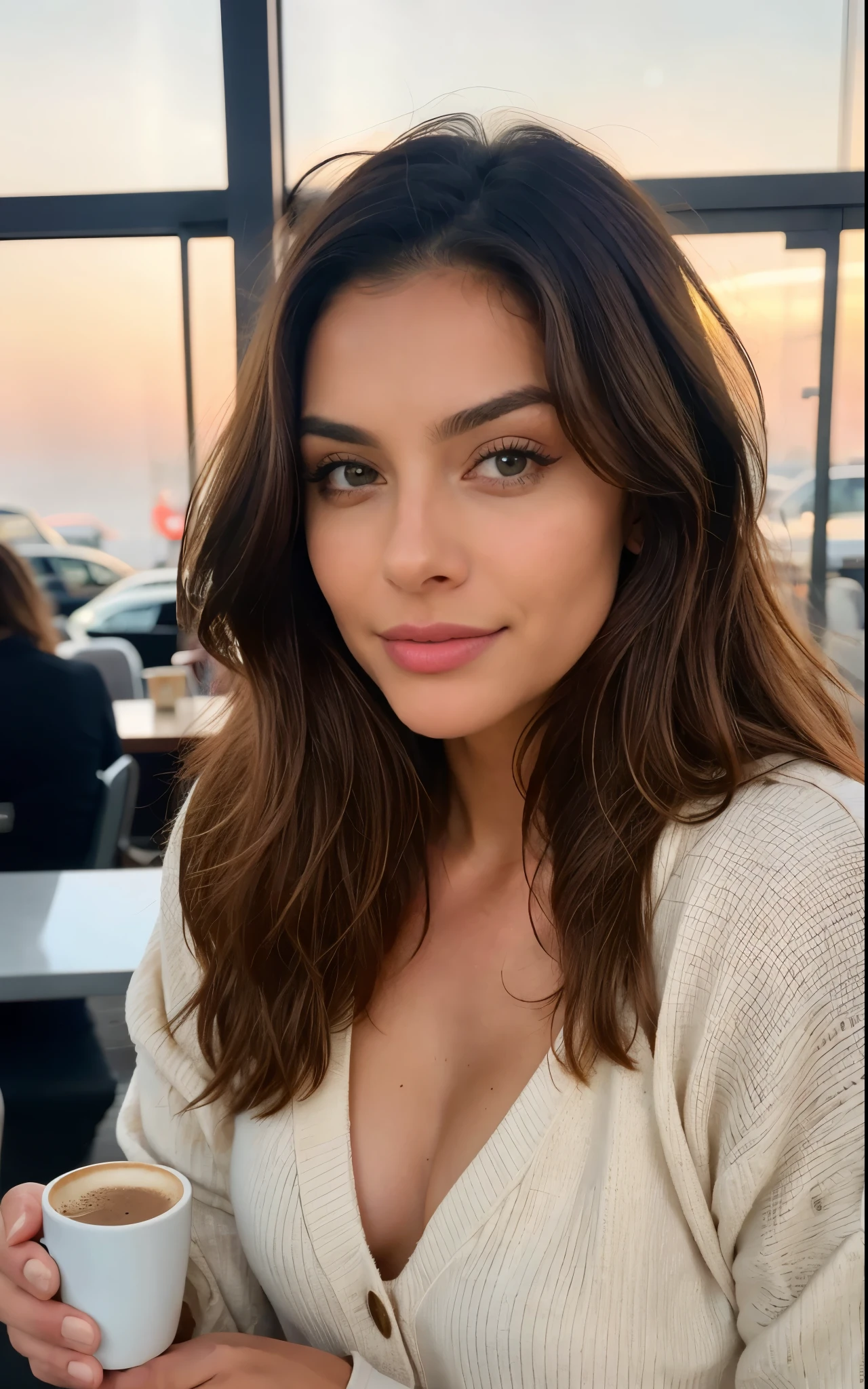 Beautiful brunette wearing a beige sweater (Holding a cup of coffee in a modern cafe next to a shopping mall), muito detalhado, 21 anos de idade, rosto inocente, cabelos ondulados naturais, olhos azuis, high resolution, obra de arte, melhor qualidade, detalhes intrincados, altamente detalhado, sharp focus, pele detalhada, realistic skin textura, textura, olhos detalhados, profissional, 4k, sorriso encantador, filmado em Canon, 85mm, profundidade superficial de campo, Cor Kodak Vision, corpo em forma perfeita, extremamente detalhado, fotografiar_\(ultra\), fotorrealista, Realista, post-processing, Maximum details, rugosidade, Vida real, Ultra realista, fotorrealismo, fotografia, 8K Ultra HD, fotografia