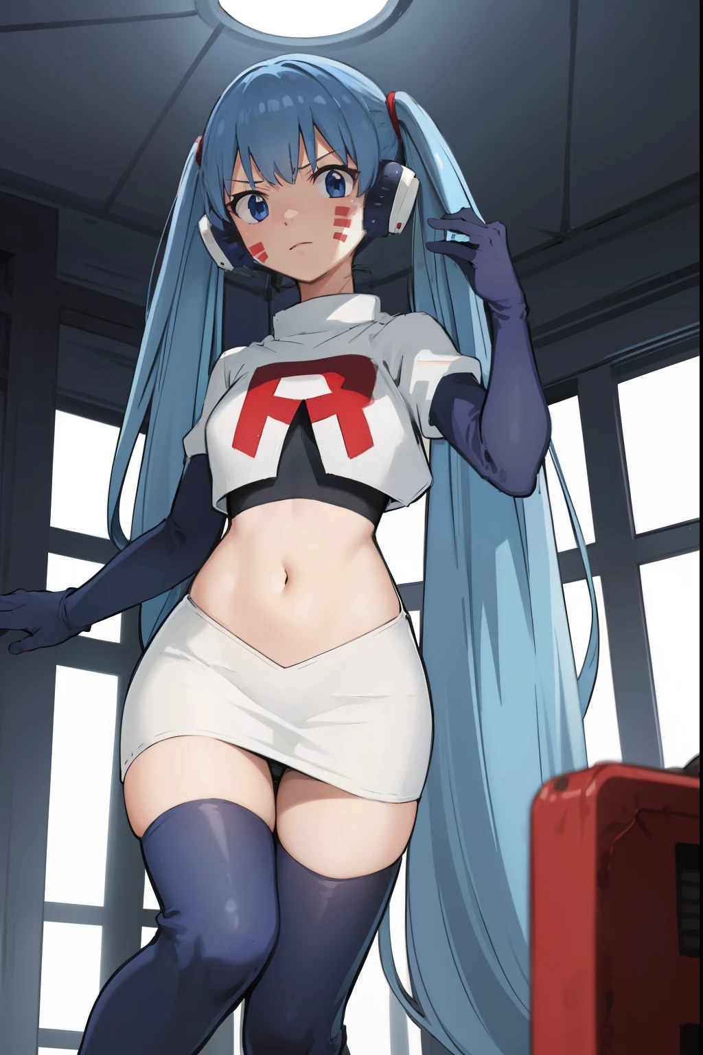 masterpiece, best quality, pov, harmit1, 1girl, solo, blue eyes, blue hair, long hair, twintails, facial mark, headphones, 
team rocket,team rocket uniform, red letter R, white skirt,white crop top,black thigh-highs,black elbow gloves