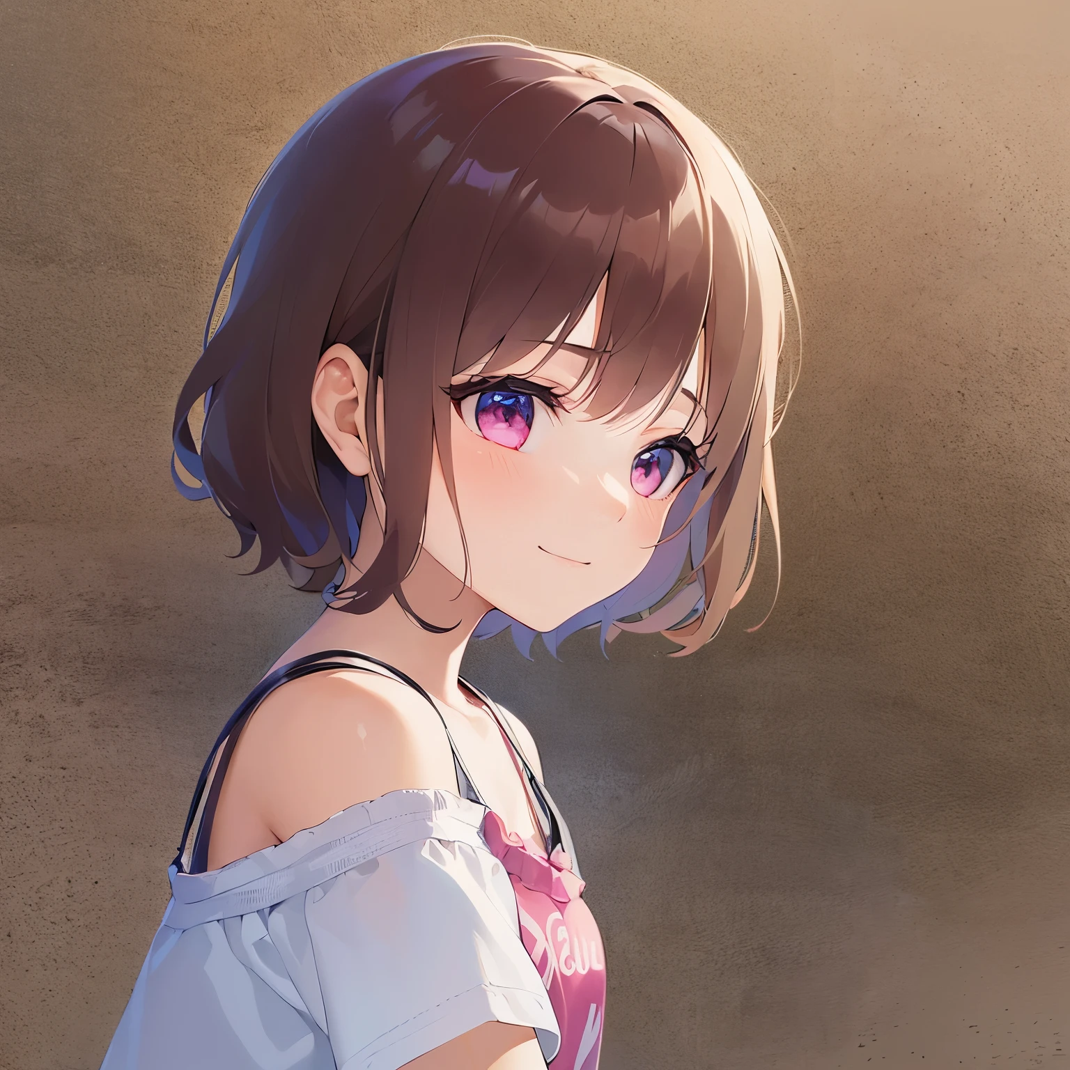 (side angle:1.2), (looking away:1.5), masterpiece、high quality、Short hair with bright chestnut bangs、5-year-old girl、(:1.3), medium hair, pink eyes, (Alone:1.5)、Wearing a pink T-shirt、hands up、The upper body of the subject is shown、(A shy and smiling expression:1.1)、bold composition、The background is a park