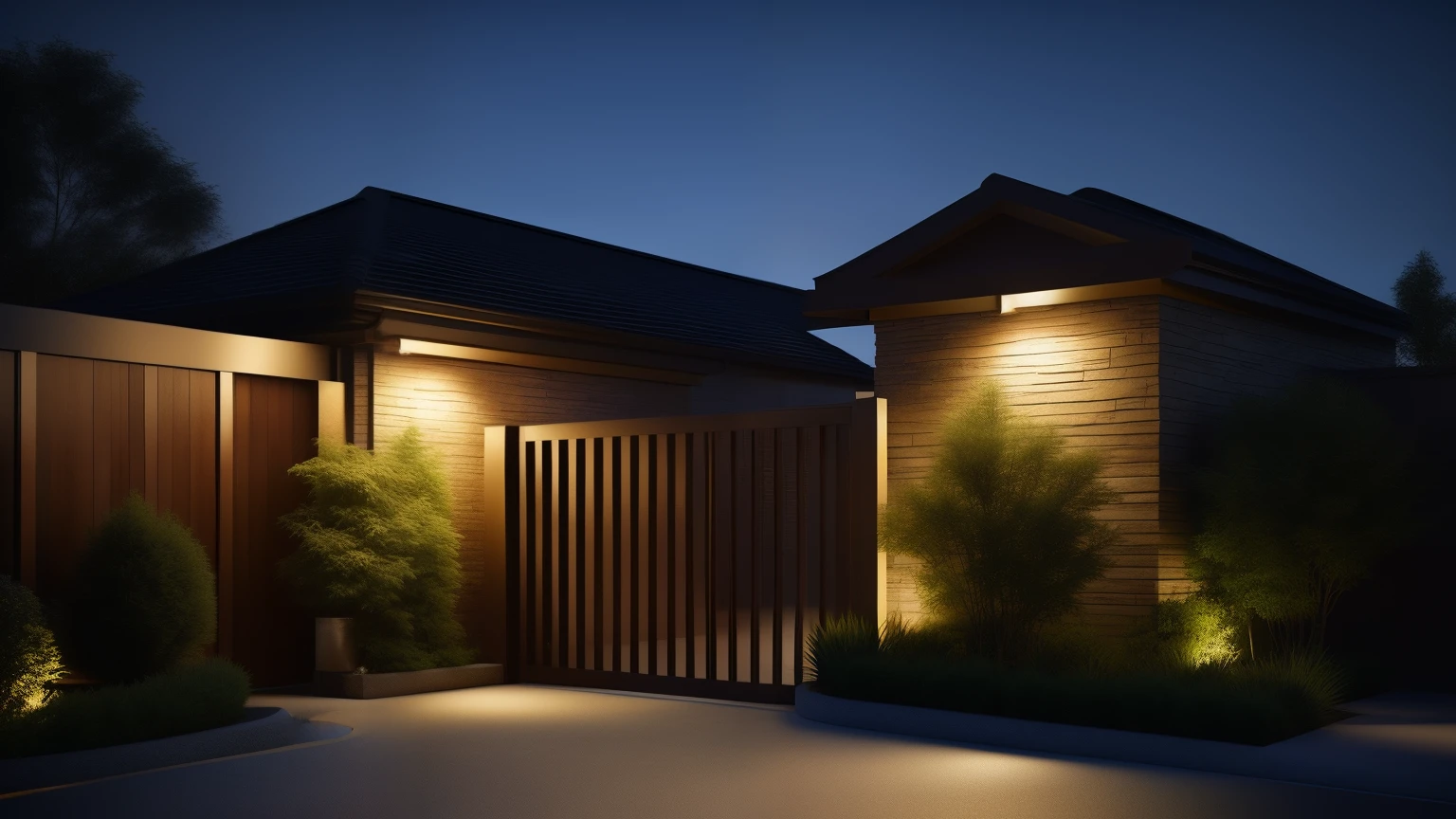 There is a courtyard with a wooden fence,lawn,柔和过滤的outdoor lighting,outdoor lighting,体积outdoor lighting,Well-lit 3D rendering,outdoor lighting,with photorealistic lighting,outdoor lighting,spotlight at a 90 degree angle,outdoor lighting,front lighting,light lighting side view,Moderate atmospheric lighting,High-quality rendering,Subtle mood lighting,warm light,