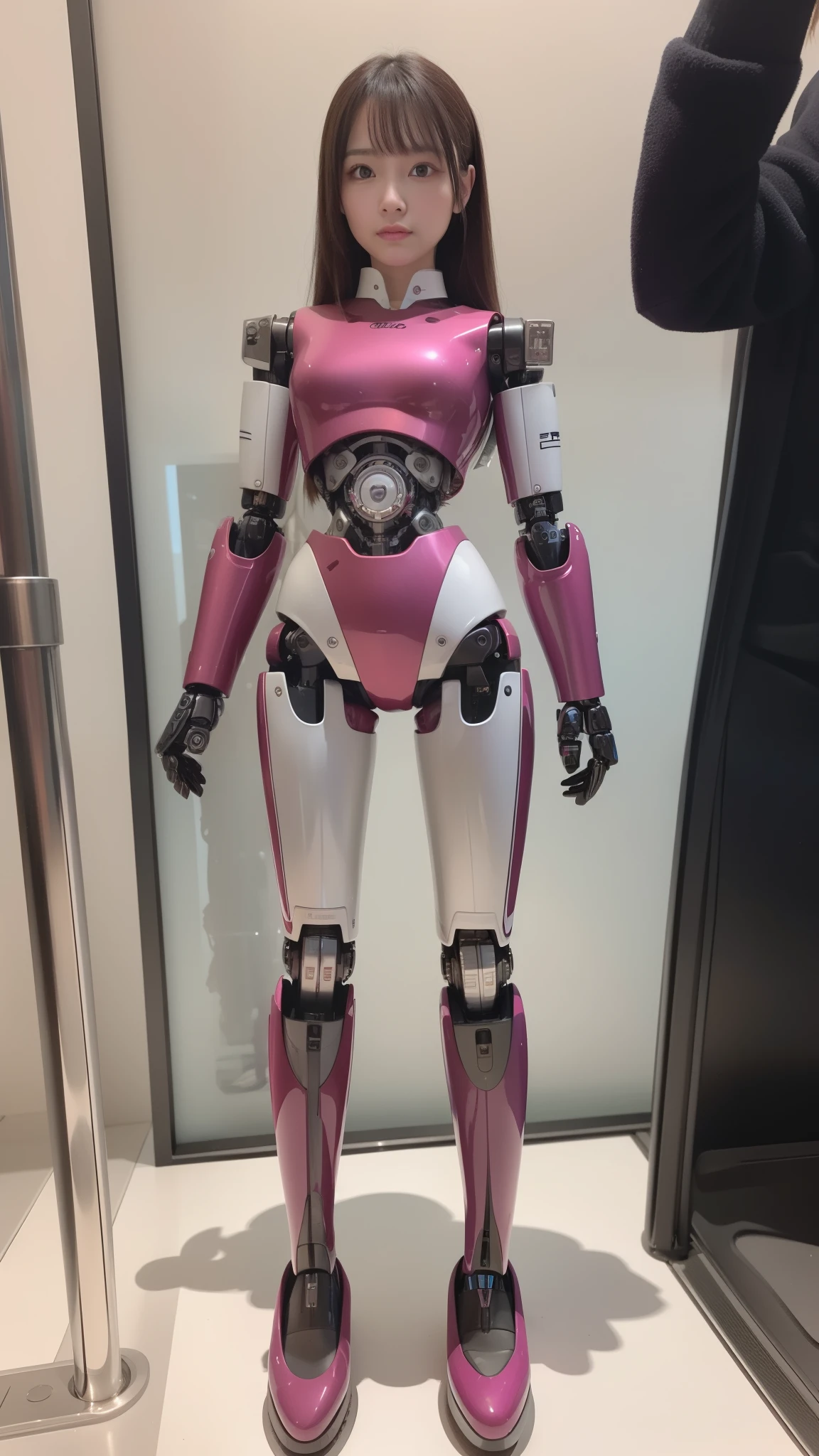 (Photorealsitic:1.4)、one robot woman、(top-quality)、(hyperdetailed face)、(Super well-formed face)、(Robot Parts)、(Female-Robot)、(25 years-old)、(Blue)、(pink there)、(Burgundy)、(metallic)、(full-body)、(sexy pose)、(Slender body)、(Model body type)、(full body mech)、(mechanical exposure)、(Akihabara)、(is looking at the camera)、(A dark-haired)、(Well-proportioned lady)、(a small face)、(a small head)、(well-groomed fingers)、(Idol)、(front facing)、(Standing with legs open)、(Photo session)、(Looks sad)、(perfect-female-robot)、(perfect-mechanical-body)