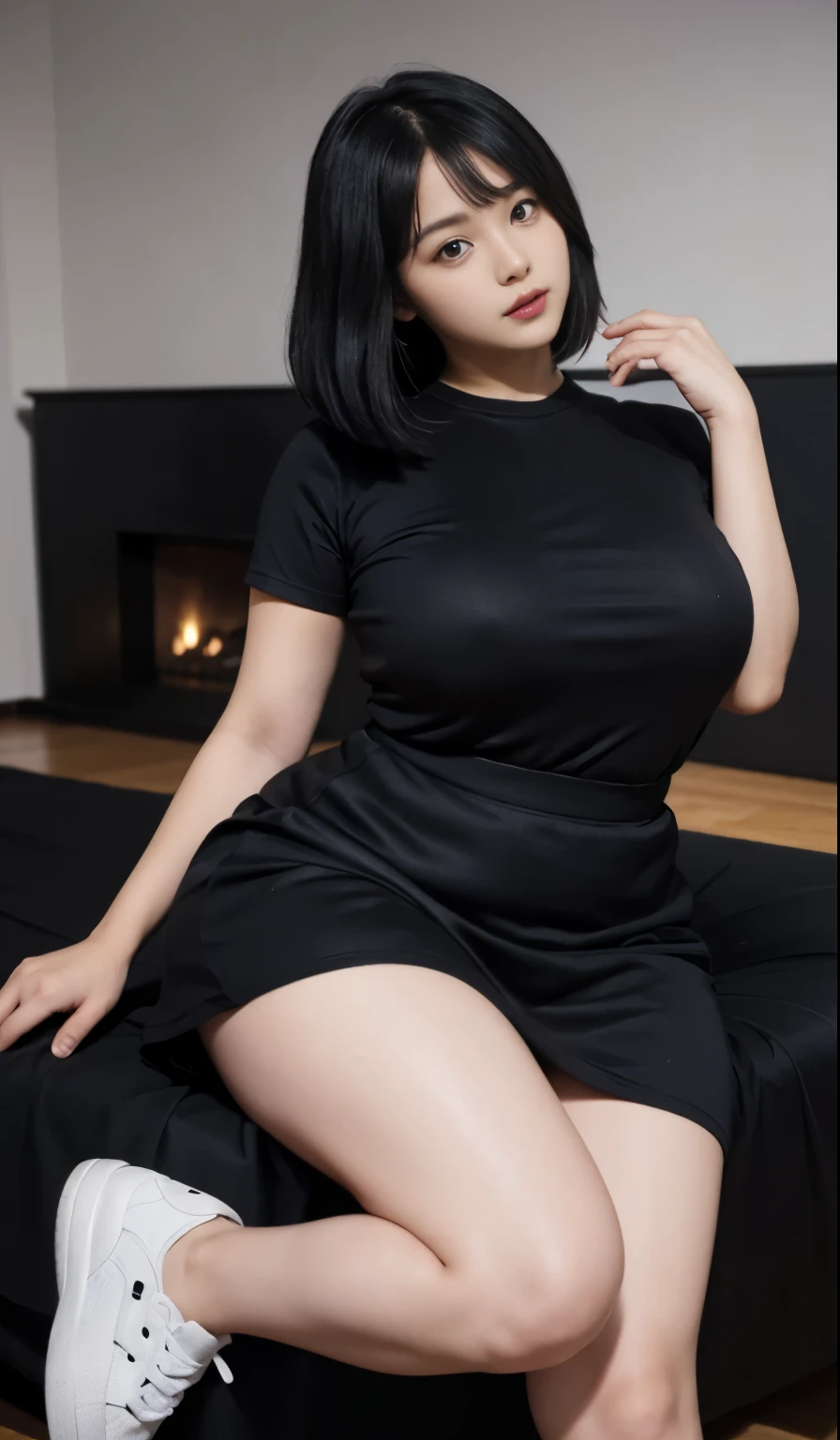 A beautiful beauty, long black hair, big eyes, round face, dress, tight purple skirt, sneakers , slightly fat, plump and sexy, delicate facial features, on the black room, black room, dark room, HD, high quality, the best picture quality, chubby body, bob haircut