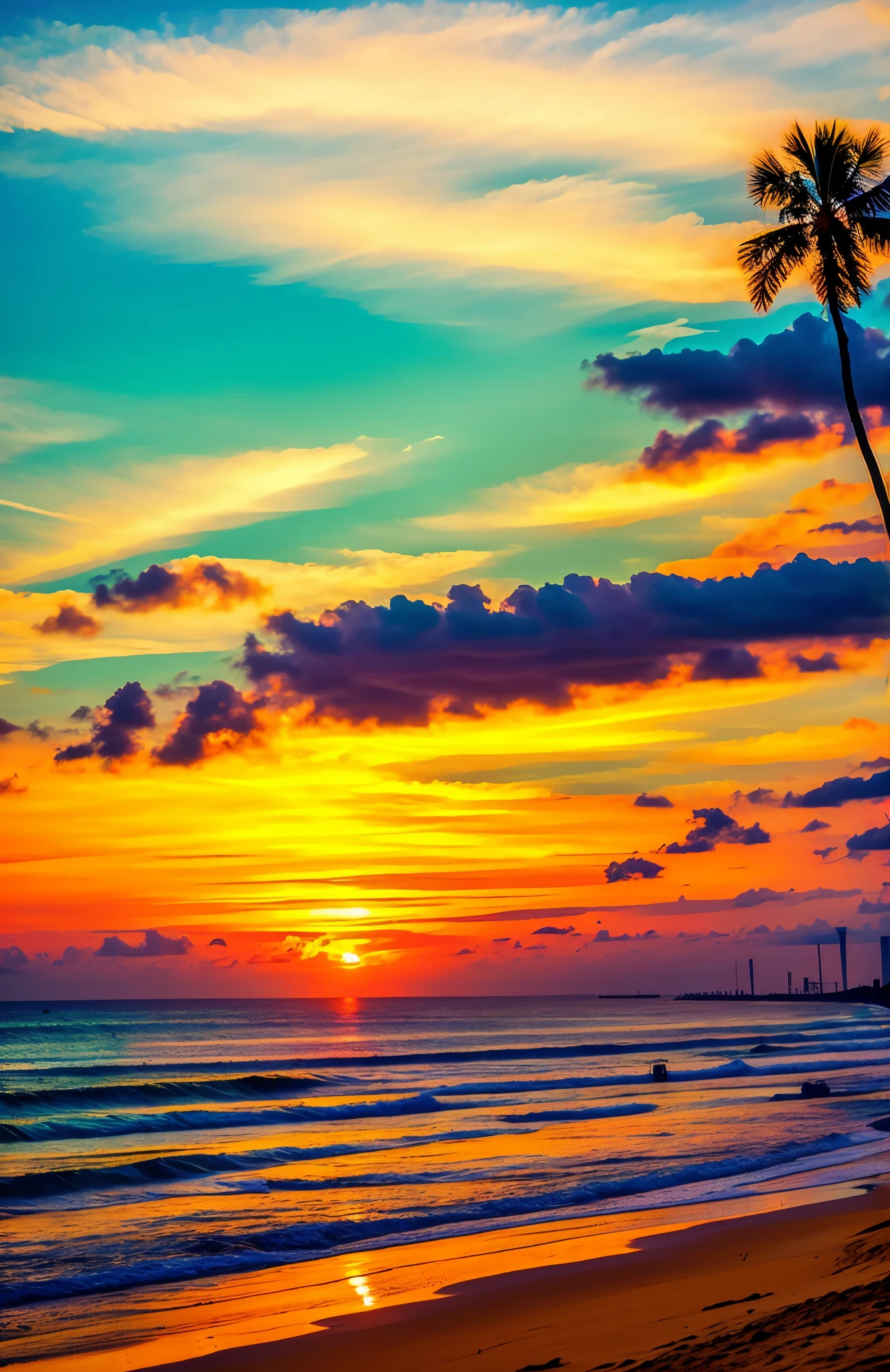 An absolutely mesmerizing sunset over the beach, with a blend of oranges, pinks, and yellows filling the sky. Crystal-clear waters of the sea gently kissing the shore, with sandy white beach stretching far and wide. The scene is dynamic and breathtaking, with seagulls soaring high in the sky and gently swaying palm trees. Take in the calming atmosphere and let the peacefulness wash over you.