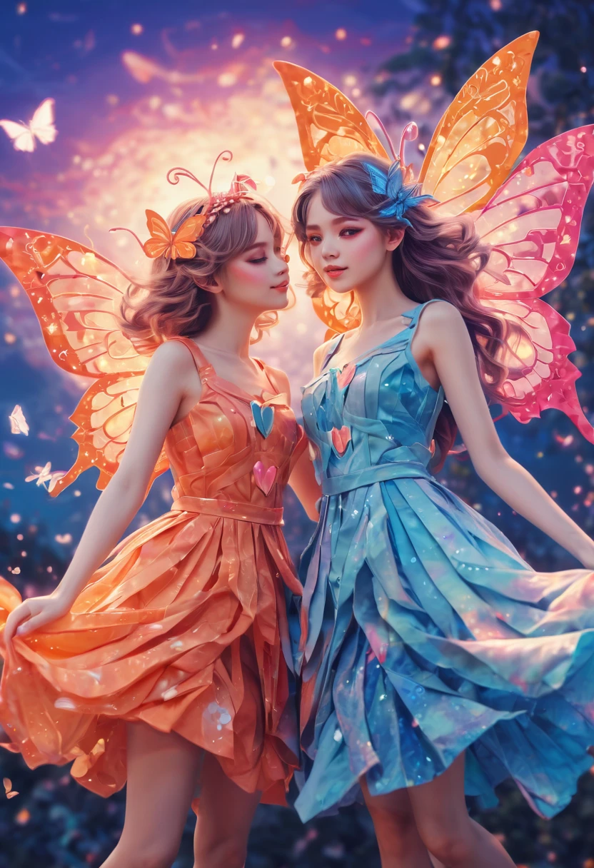 Detailed face features, severe women in an affectionate way with each other, touching each other, playing with their bodies, lesbians, looking at you. (best quality, highres:1.2), (realistic:1.37), colorful, vibrant, detailed, (anime:1.1), (portrait:1.1), (character design:1.1), (zentangle:1.2), (fantasy:1.1), (magical:1.1), (bright:1.1), (ethereal:1.1), (glowing origami:1.2), (magical girl transformation:1.1), (sparkles:1.1), (magical wand:1.1), (floaty dress:1.1), (flowing hair:1.1), (twinkling eyes:1.1), (vivid colors:1.1), (dynamic pose:1.1), (dreamy background:1.1), (enchanted atmosphere:1.1), (soft lighting:1.1), (radiant glow:1.1), (shimmering effects:1.1), (magical aura:1.1), (ethereal beauty:1.1), (feminine:1.1), (joyful expression:1.1), (optimistic:1.1), (magical girl costume:1.1), (butterfly accessories:1.1), (magical girl staff:1.1), (sky in blue,orange colors:1.1), (fantastical landscape:1.1), (dazzling background:1.1), (dream-like setting:1.1), (whimsical:1.1), (magical powers:1.1), (magical energy:1.1), (magical sparks:1.1), (glamorous transformation sequence:1.1)