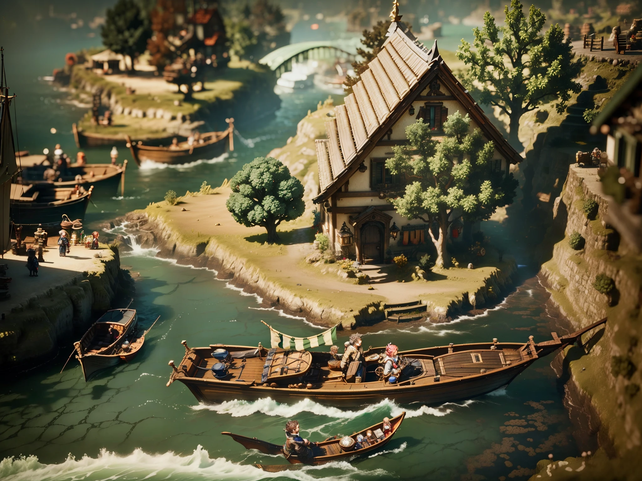 there is a small boat docked at a pier with a sign, a digital rendering by Ren Renfa, tumblr, renaissance, from bravely default ii, octopath traveler, octopath voyager, octopath traveller style, boris valejo. octopath traveler, dragon crown, a bustling magical town, screenshots, hd screenshot, stunning screenshot, video game screenshot>
