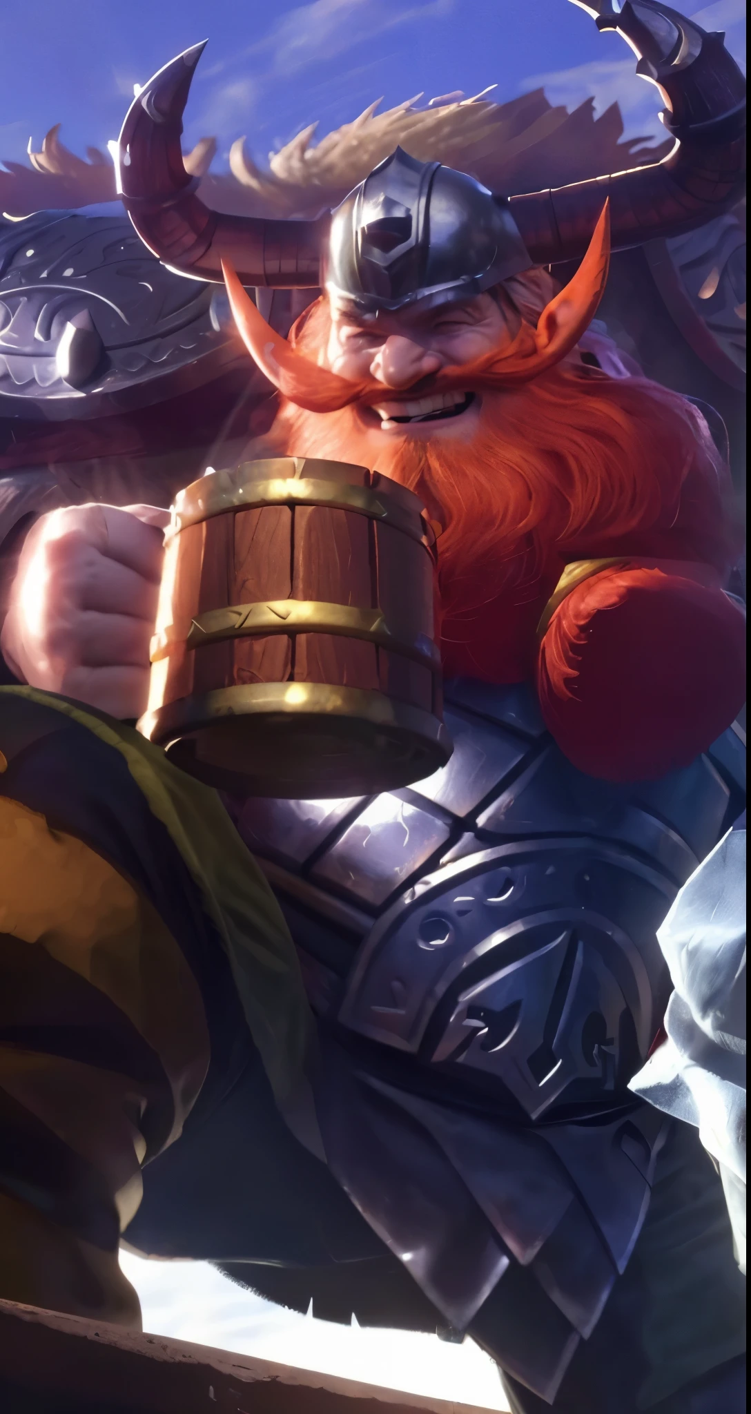 Real life adaption of this character,a viking, laughing expression, viking helmet,thick orange beard, realistic same armor,holding a beer, realistic same outfit, realistic light, realistic shadow, realism, hyper realistic,( photorealistic 1:2)