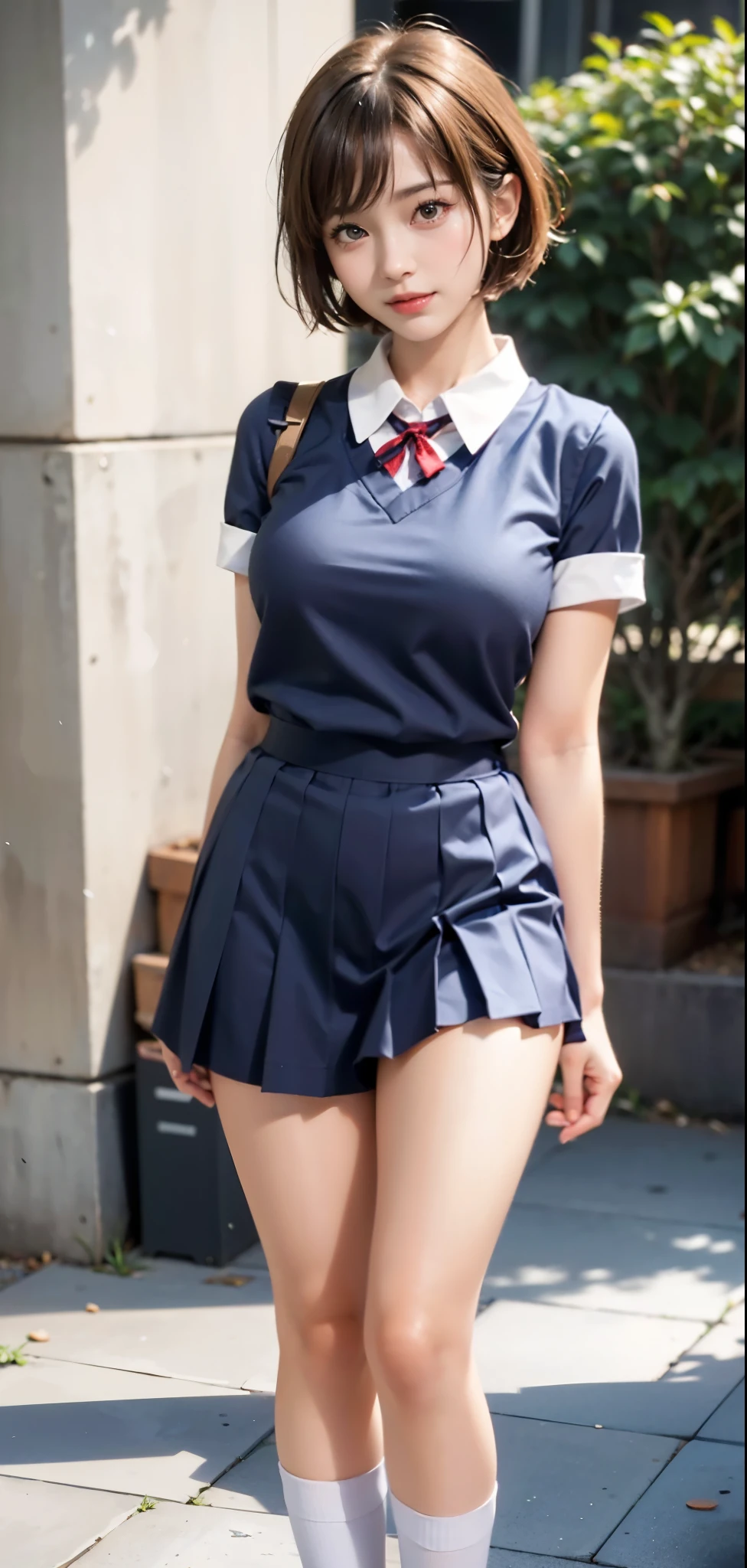 majicMIX Real, (Raw photo: 1.2), (Photorealistic: 1.4), Big, short hair, beautiful detailed eyes, show off panties, show off panties, huge file size, super detailed, high resolution, very detailed, top quality, masterpiece, illustration, highly detailed, CG, unification, 8k wallpaper, movie lighting, 18 year old girl, 1 girl, Japan girls' high school uniform, Cute schoolgirl, sexy pose, smiling, pleated skirt, lighting from below, panty shot, spreading legs