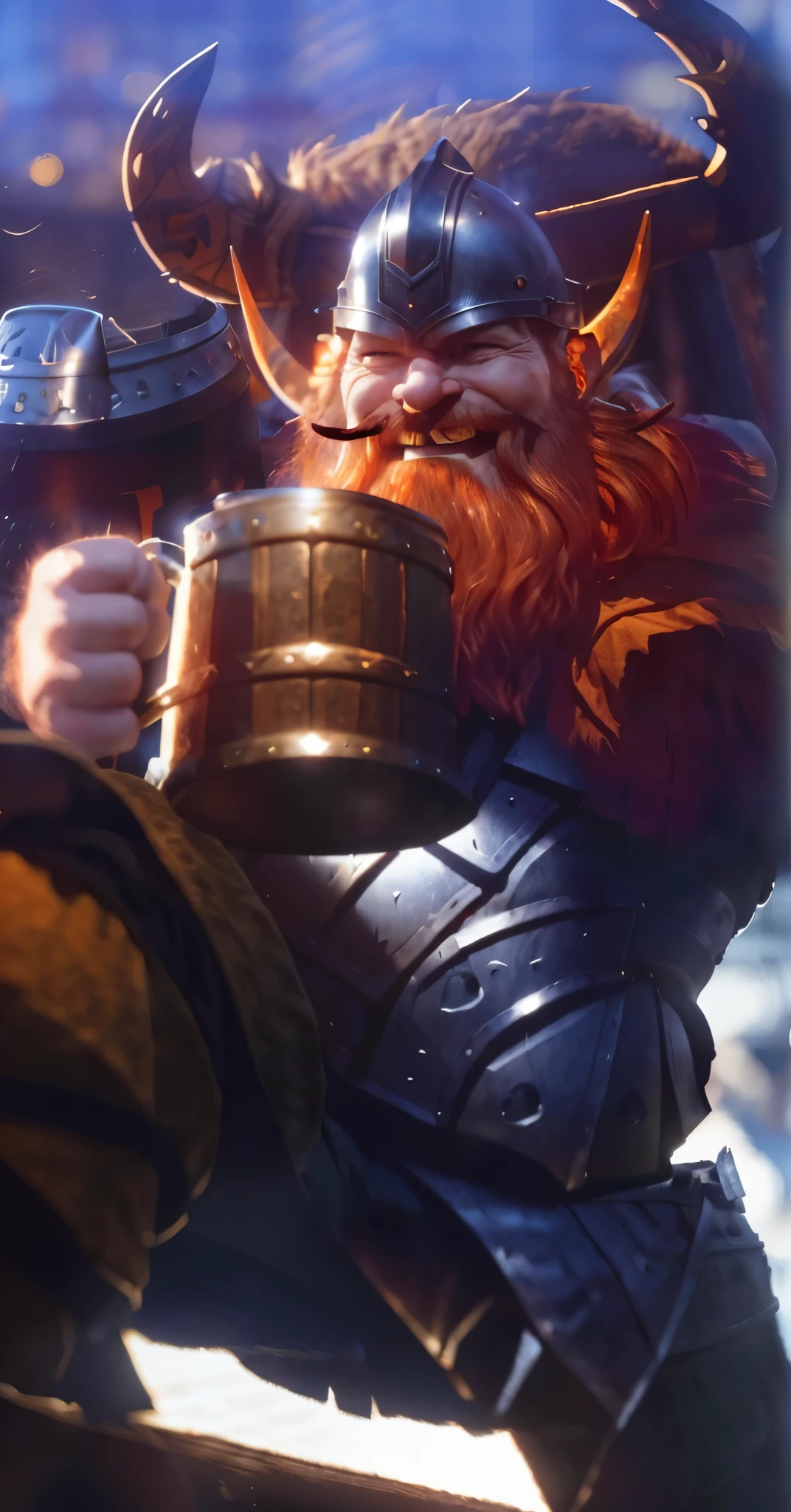Real life adaption of this character,a viking, laughing expression, viking helmet,thick orange beard, realistic same armor,holding a beer, realistic same outfit, realistic light, realistic shadow, realism, hyper realistic,( photorealistic 1:2)