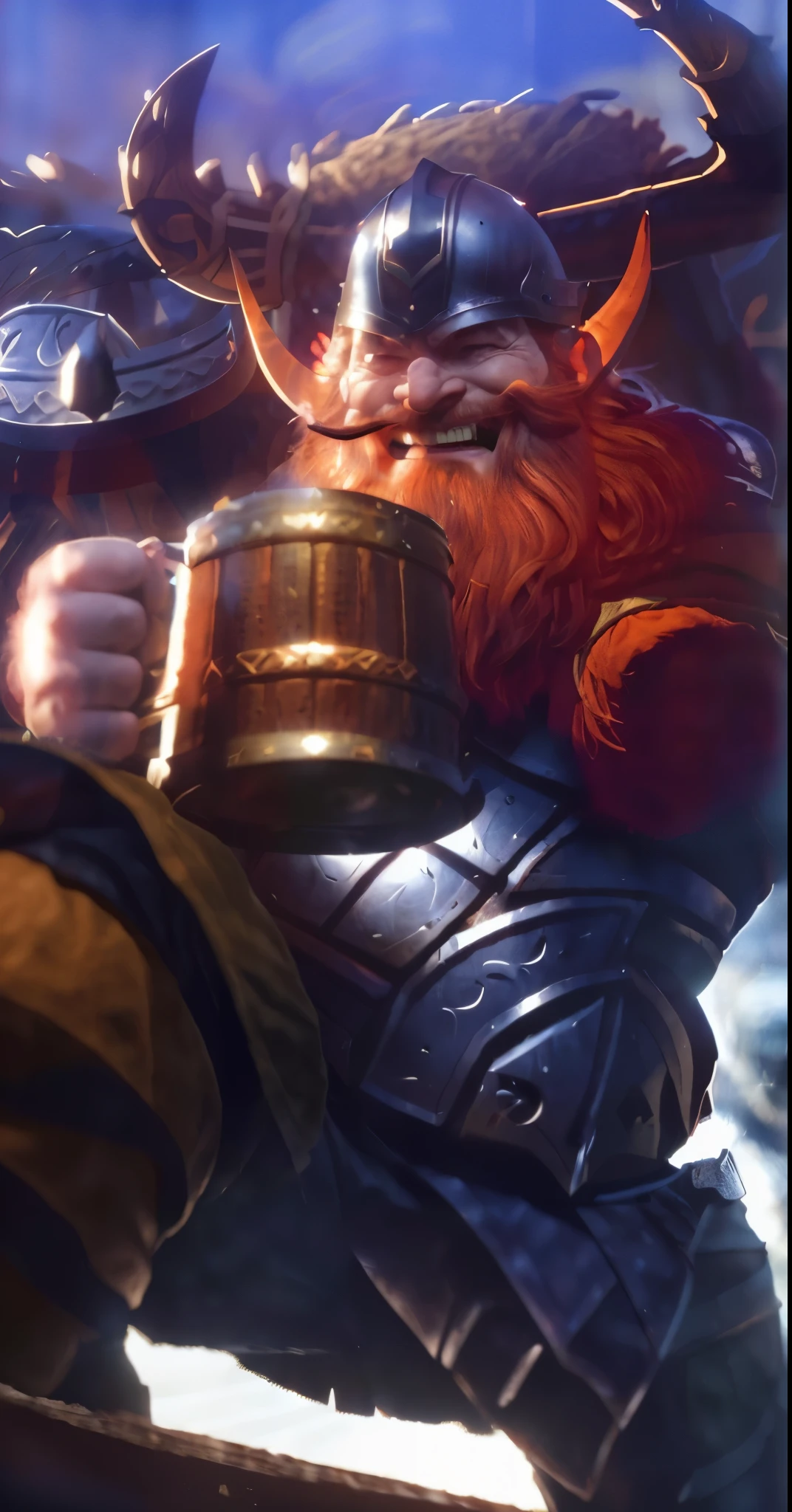 Real life adaption of this character,a viking, laughing expression, viking helmet,thick orange beard, realistic same armor,holding a beer, realistic same outfit, realistic light, realistic shadow, realism, hyper realistic,( photorealistic 1:2)