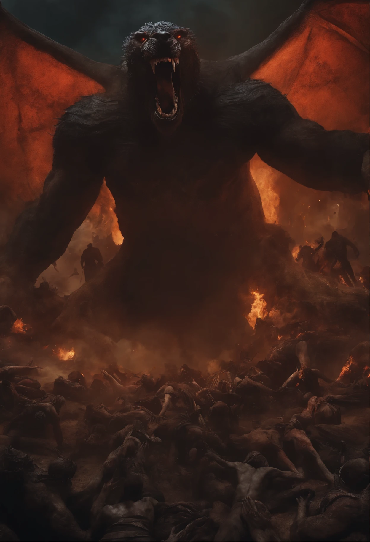 Pandemonium is scary toothy all dark with giants flying over a pile of dead bodies