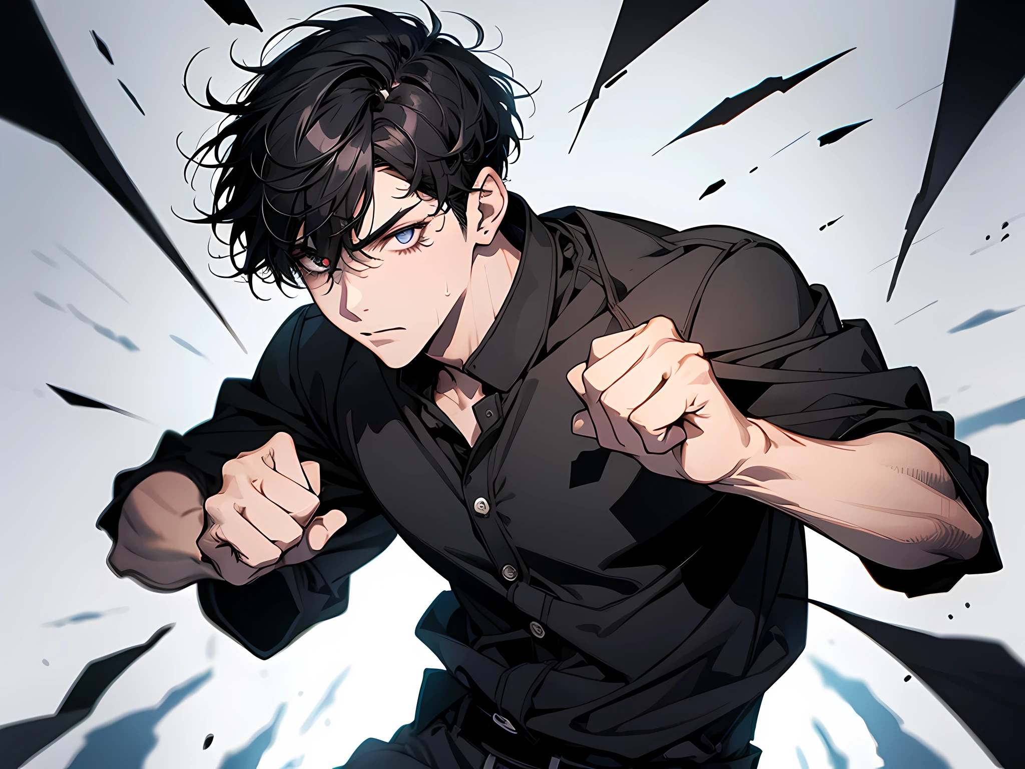 1 boy, doing fighting pose, black hair, short hair, sweating, showing his fist, face to detail, detailed eyes, full-body illustration